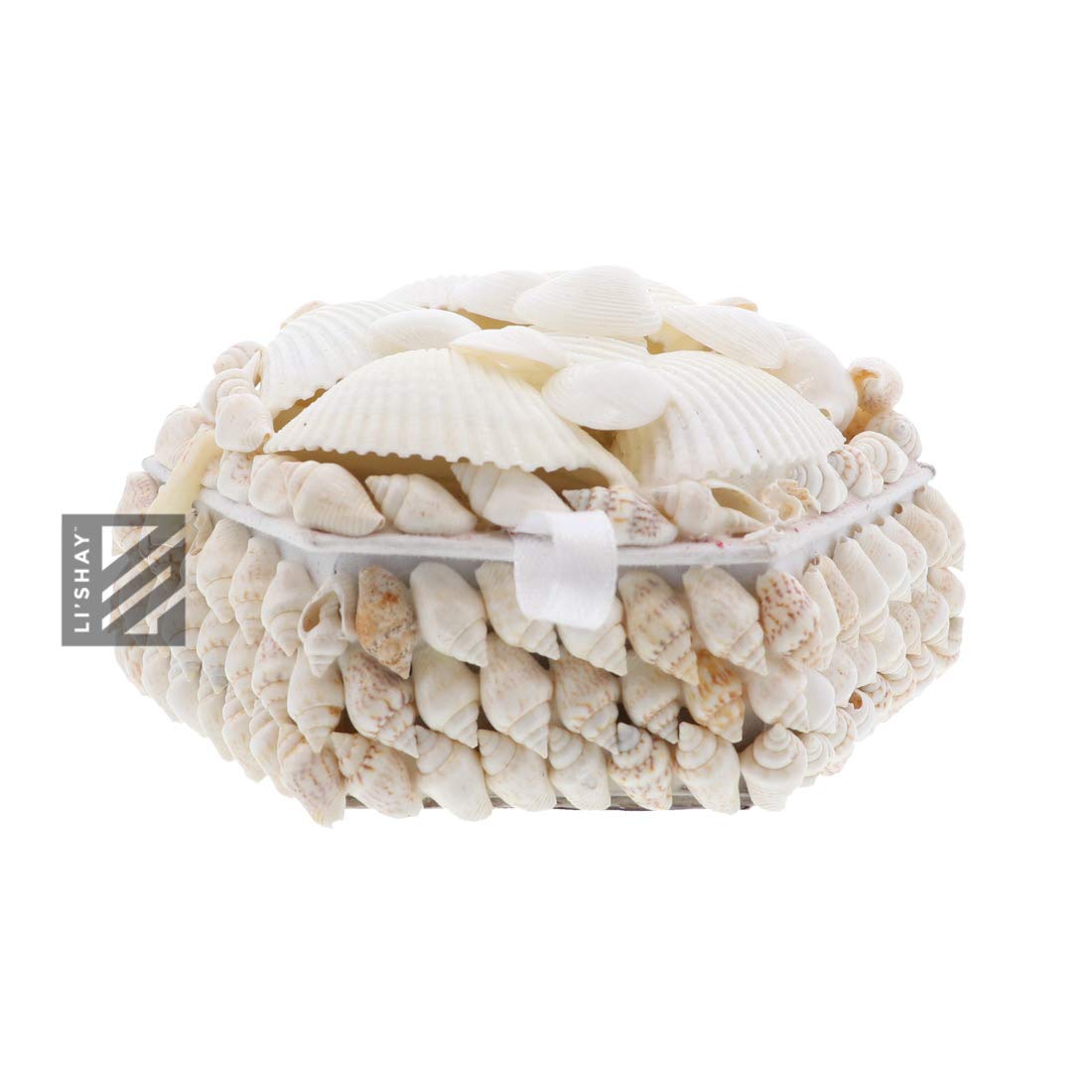 Li'Shay White Seashell Covered Hexagon Jewelry Box - 4 Inch Trinket Storage for Beach Themed Decor, Wedding Favors & Gift Giving