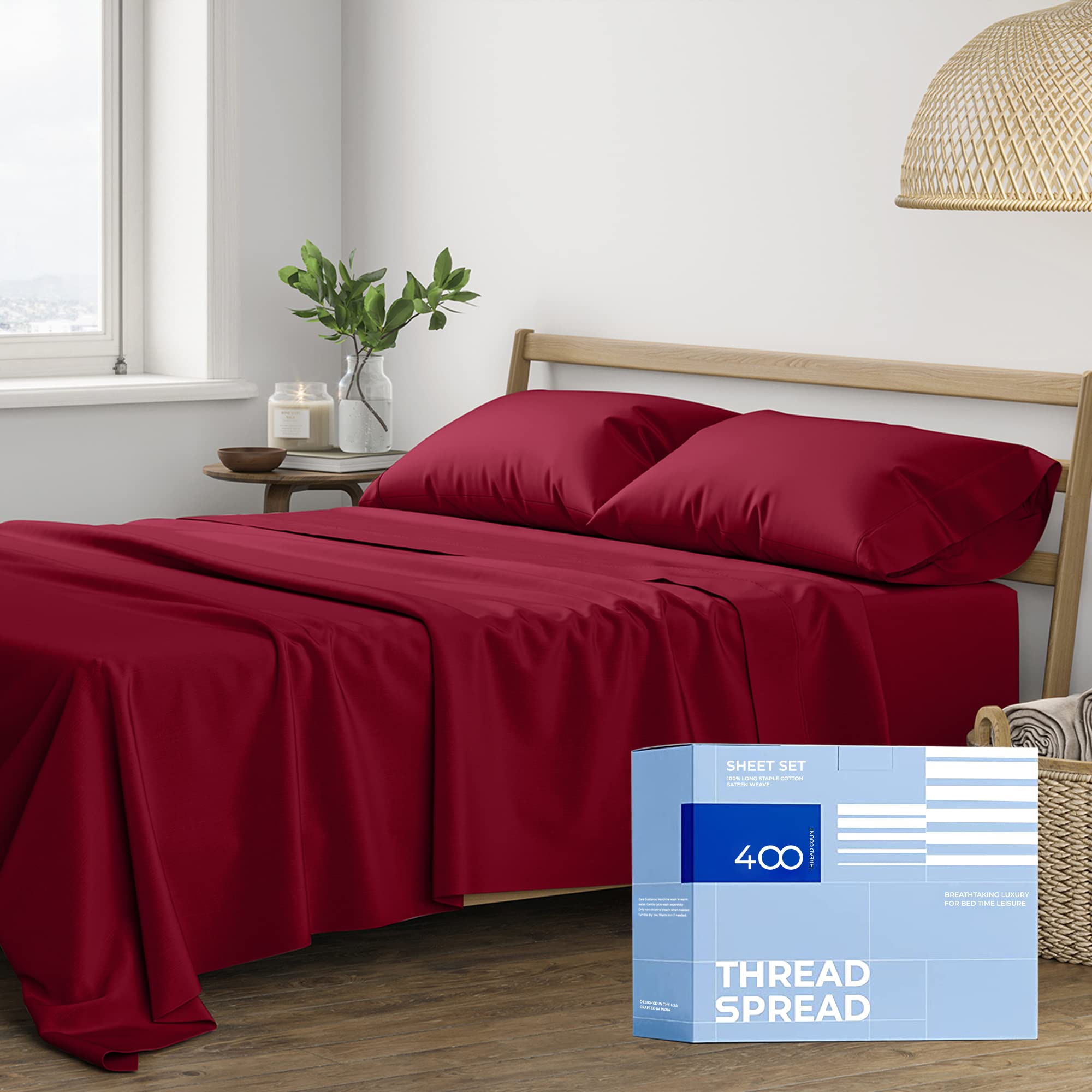 Luxury 100% Cotton Twin Sheet Set - 400 Thread Count Cooling Sateen Sheets, 3-Piece Deep Pocket Bedding for Adults & Dorm Rooms, Soft & Breathable (Burgundy) - Perfect for Hot Sleepers & Cozy Bedroom Decor