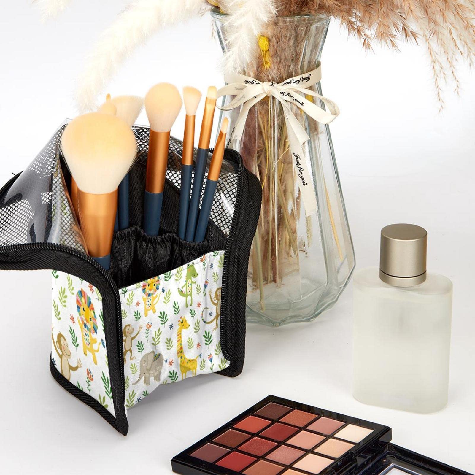 Premium 12-Piece Makeup Brush Organizer Bag with Lion, Giraffe & Monkey Jungle Animal Design - Portable Travel Cosmetic Brush Holder Case for Professional Makeup Artists & Beauty Enthusiasts | Perfect for Home, Travel & Salon Use