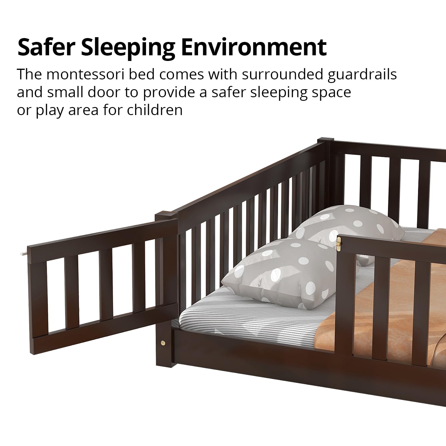 Montessori Floor Bed for Kids - Sturdy Wooden Full Size Bed Frame with Slats, Safety Fence & Door - Natural Espresso Finish - Perfect for Toddler Rooms, Daycare Centers & Montessori Classrooms
