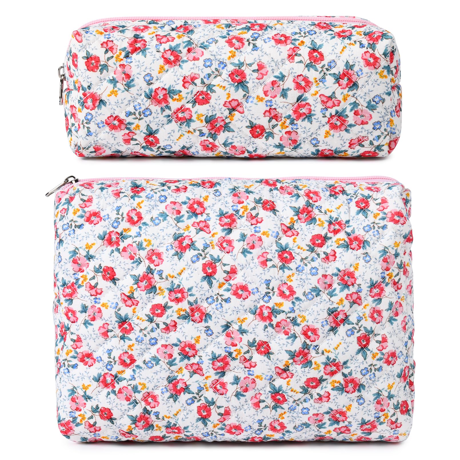 2 Pcs Quilted Floral Cosmetic Bags for Women - Large Cotton Travel Makeup Organizer, Puffer Toiletry Pouch for Girls - Perfect for Travel, Gym & Daily Beauty Essentials Storage