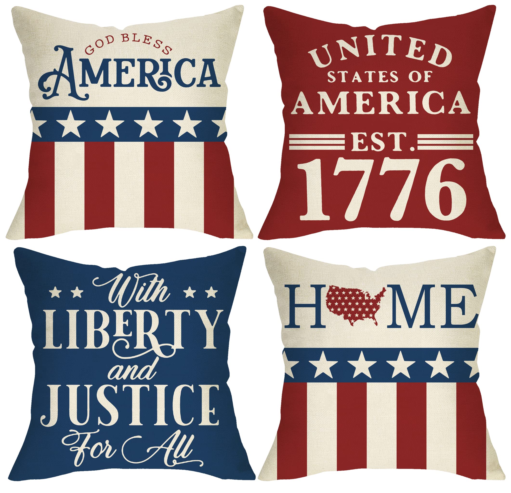4th of July Patriotic Throw Pillow Covers 18x18 Inch Set of 4 - USA Flag Star Stripe Design with 'God Bless America' & 'Est.1776' - Perfect for Sofa, Couch, Bedroom Decor & Independence Day Celebrations