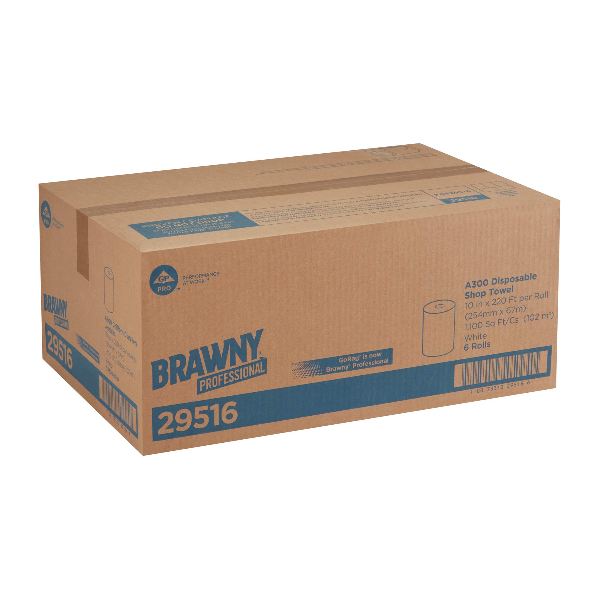 Georgia-Pacific Brawny Professional A300 Disposable Shop Towel Roll Refill 29516 - White, 220 Linear Feet per Roll, 6 Rolls per Case - Heavy-Duty Absorbent Towels for Automotive, Workshop & Industrial Cleaning
