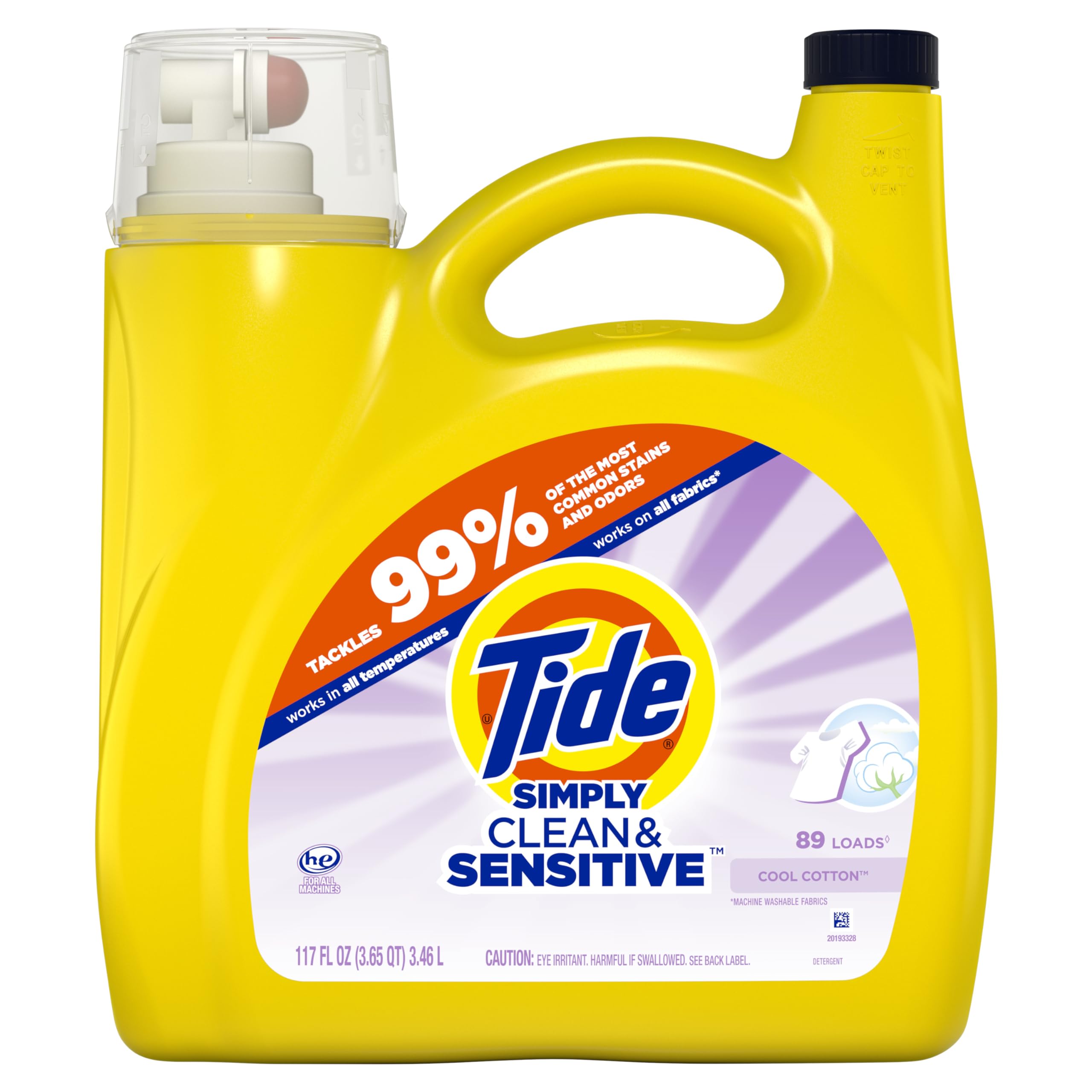 Tide Simply Clean & Sensitive Laundry Detergent - Cool Cotton Scent, 89 Loads, 117 Fl Oz | Hypoallergenic & Gentle on Skin | Perfect for Baby Clothes, Sensitive Skin & Everyday Laundry