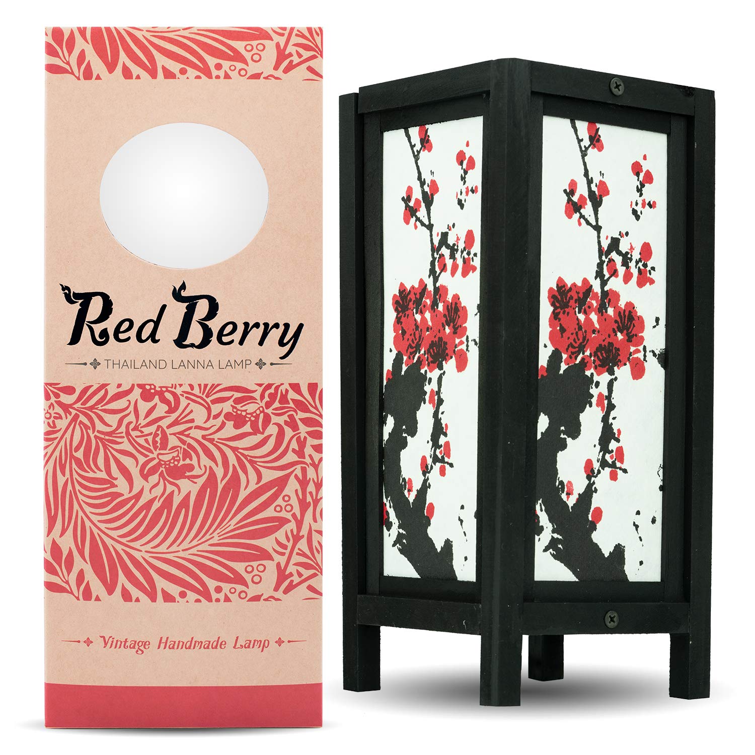 Vintage Red Berry Japanese Table Lamp - Asian Inspired Decorative Bedside Lamp with Fabric Square Shade - Retro Mei Flower Design for Bedroom, Living Room, Office, Dorm (Perfect for Reading, Relaxing & Creating Cozy Ambiance)