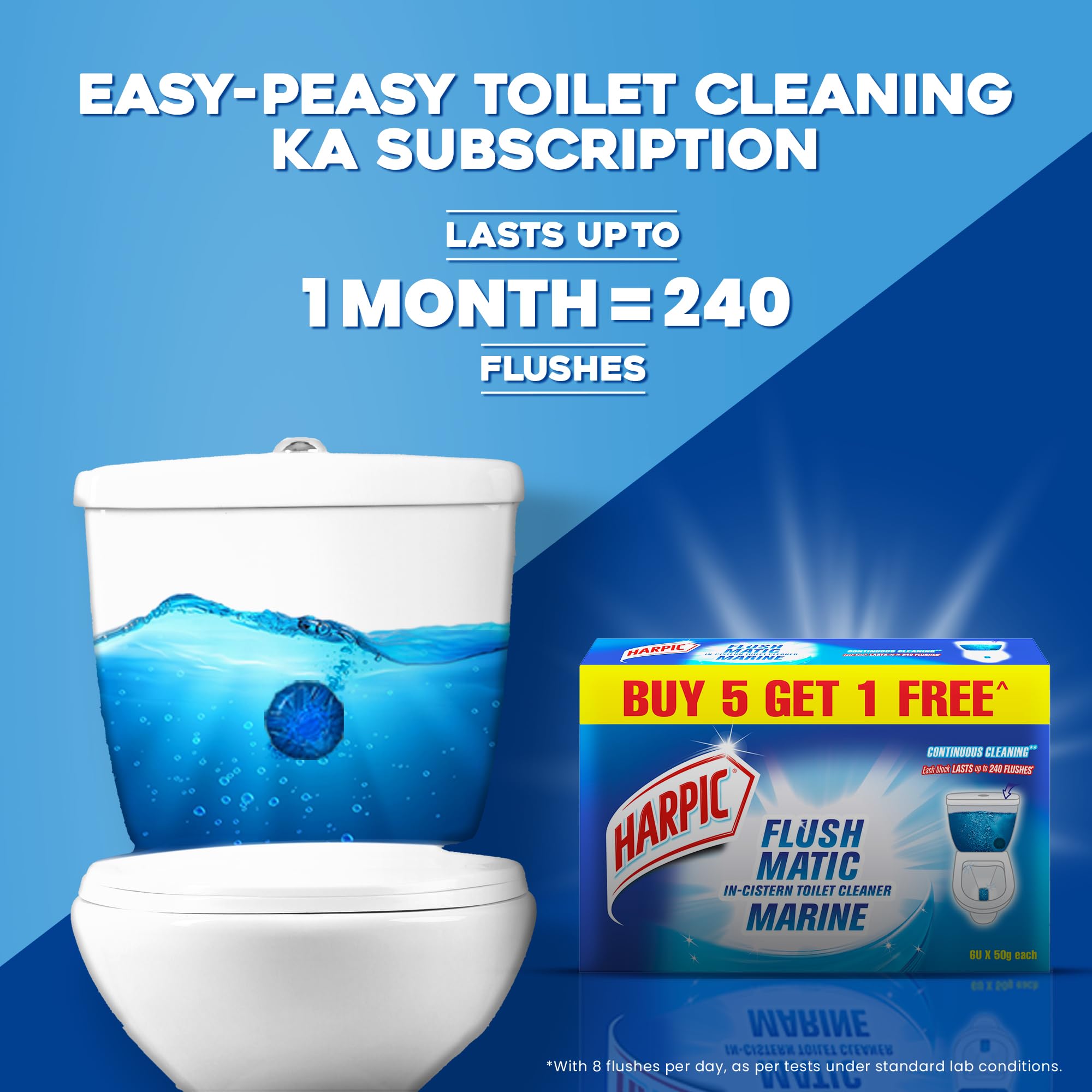 Harpic Flushmatic In-Cistern Toilet Cleaner Blocks, Marine Scent - 50g (6-Pack) | Long-Lasting Toilet Cleaner Balls for Fresh & Hygienic Bathroom | Perfect for Home, Office & RV Use