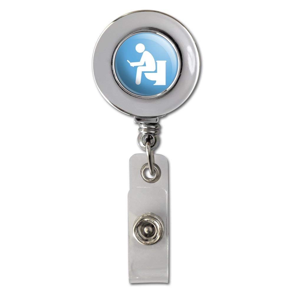 Funny Retractable ID Badge Holder - Man Pooping on Toilet Design - Chrome Clip for Work, Office, and Security Access (Great Gift for Coworkers)