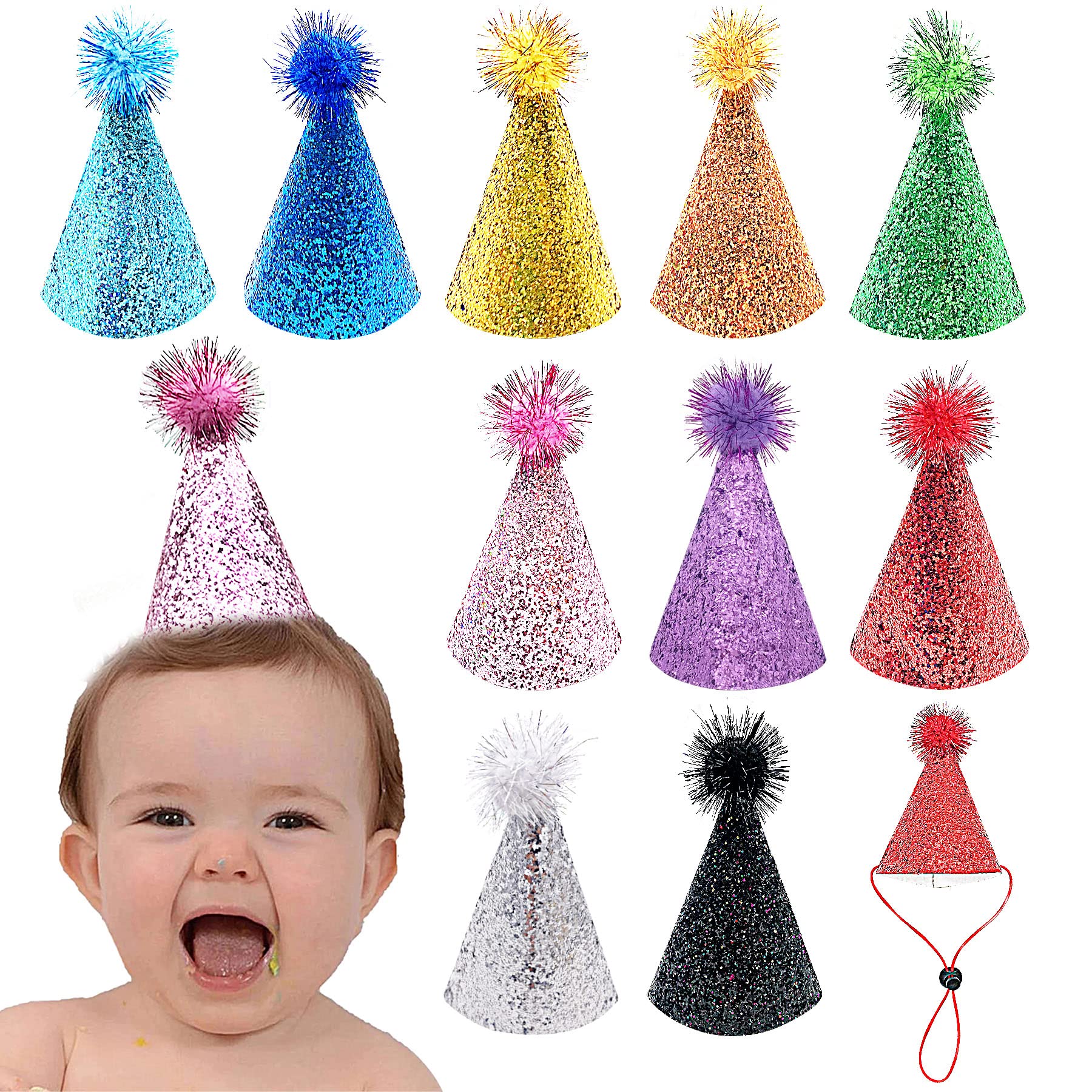 Colorful Glitter Party Hats with Pom Poms - Kids & Adults Birthday Celebration Hats for Halloween, Christmas, New Year & Holiday Parties - Perfect for Birthday Bash, Carnival & Festive Events