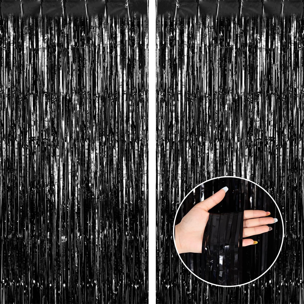 Premium Thick Black Foil Fringe Curtains - 3.2x8.2ft Photo Backdrop (2 Pack) | Perfect for Birthday, Bachelorette, Bridal Shower, Baby Shower & Graduation Party Decorations | Party Streamers & Event Background for Instagram Photos