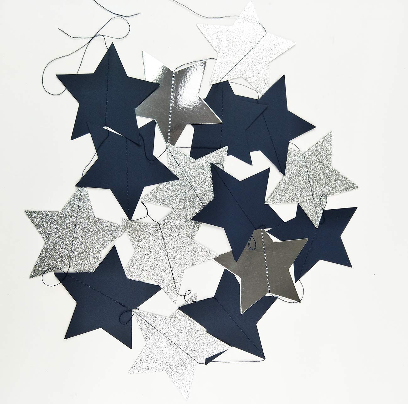 Navy Blue Glitter Silver Star Garland - 2 Pack Space Themed Party Decor for Birthday, Baby Shower & Outer Space Events | Perfect for Ceiling, Wall & Table Decorations