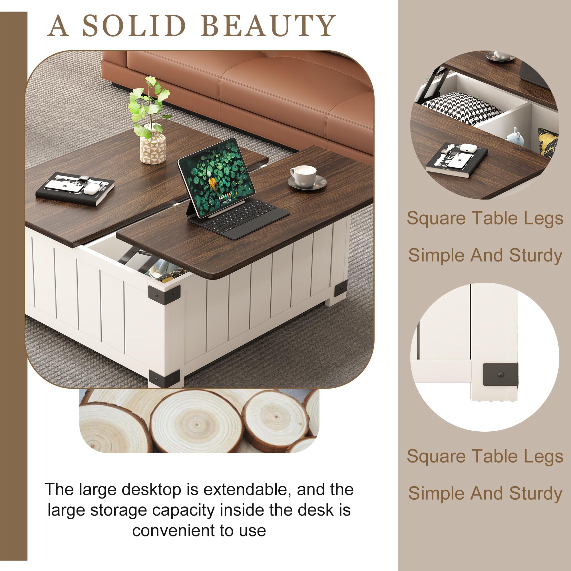 Square Lift Top Coffee Table with Storage - White Wooden Cocktail Table with USB Ports & Charging Station, 4 Grids Hidden Compartment for Home, Office, Dorm & Apartment | Perfect for Living Room, Study & Small Spaces