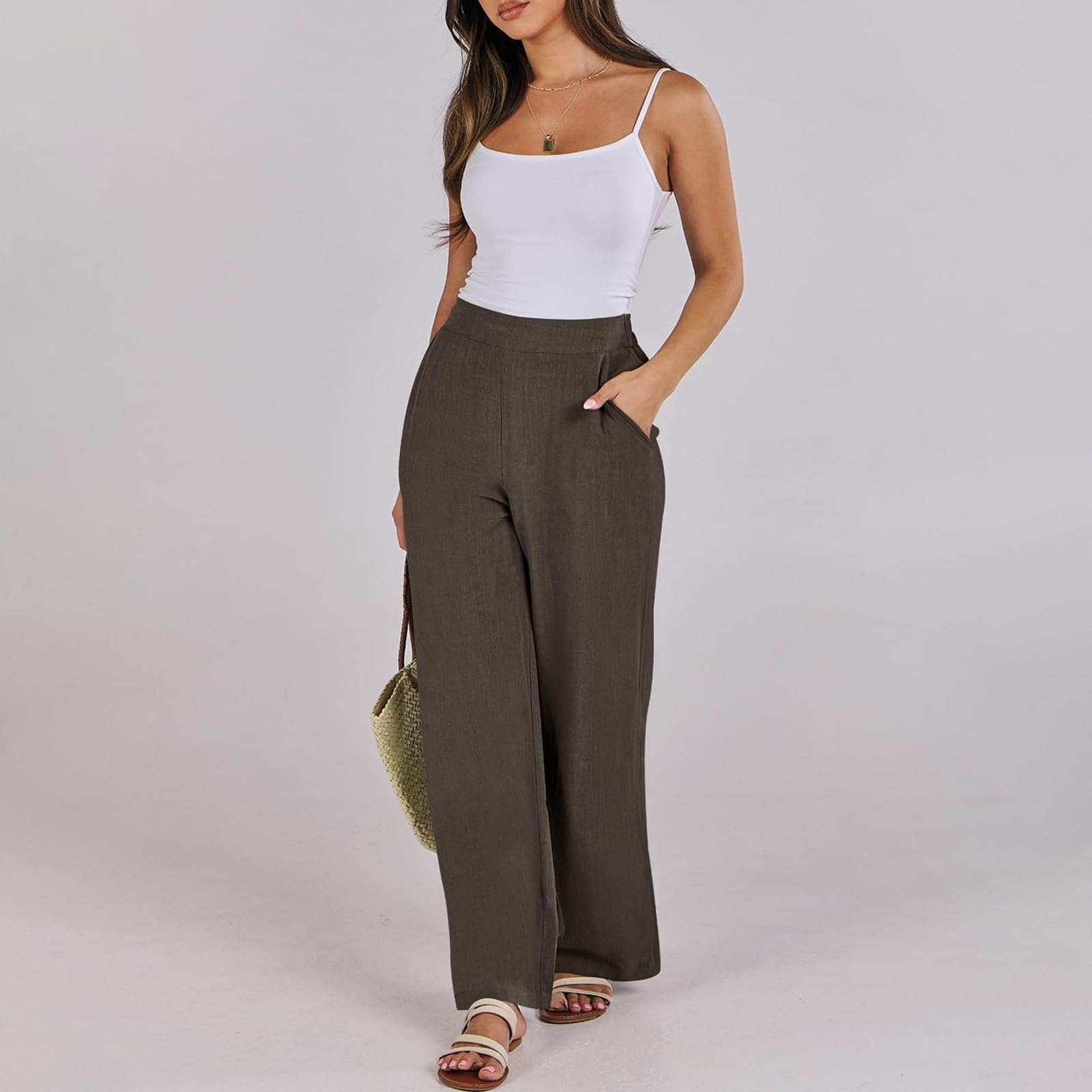 **Women's High Waisted Palazzo Pants - Comfortable Linen Wide Leg Trousers with Pockets for Work, Casual & Dressy Occasions | Office, Travel & Lounge Wear**