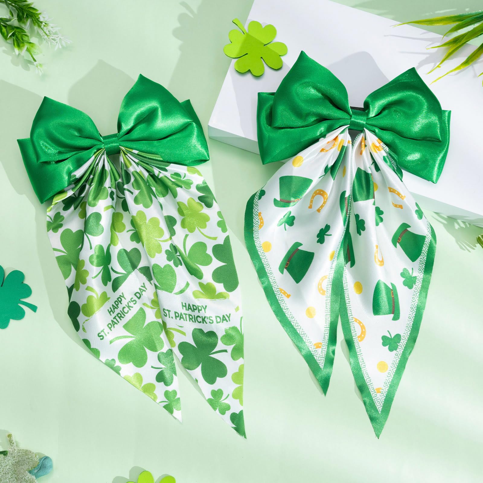 OAOLEER 2PCS St. Patrick's Day Hair Bows for Women & Girls - 8 Inch Green Satin Layered Hair Clips with Long Tail, French Style Hair Accessories for Parties, Weddings & Festive Events