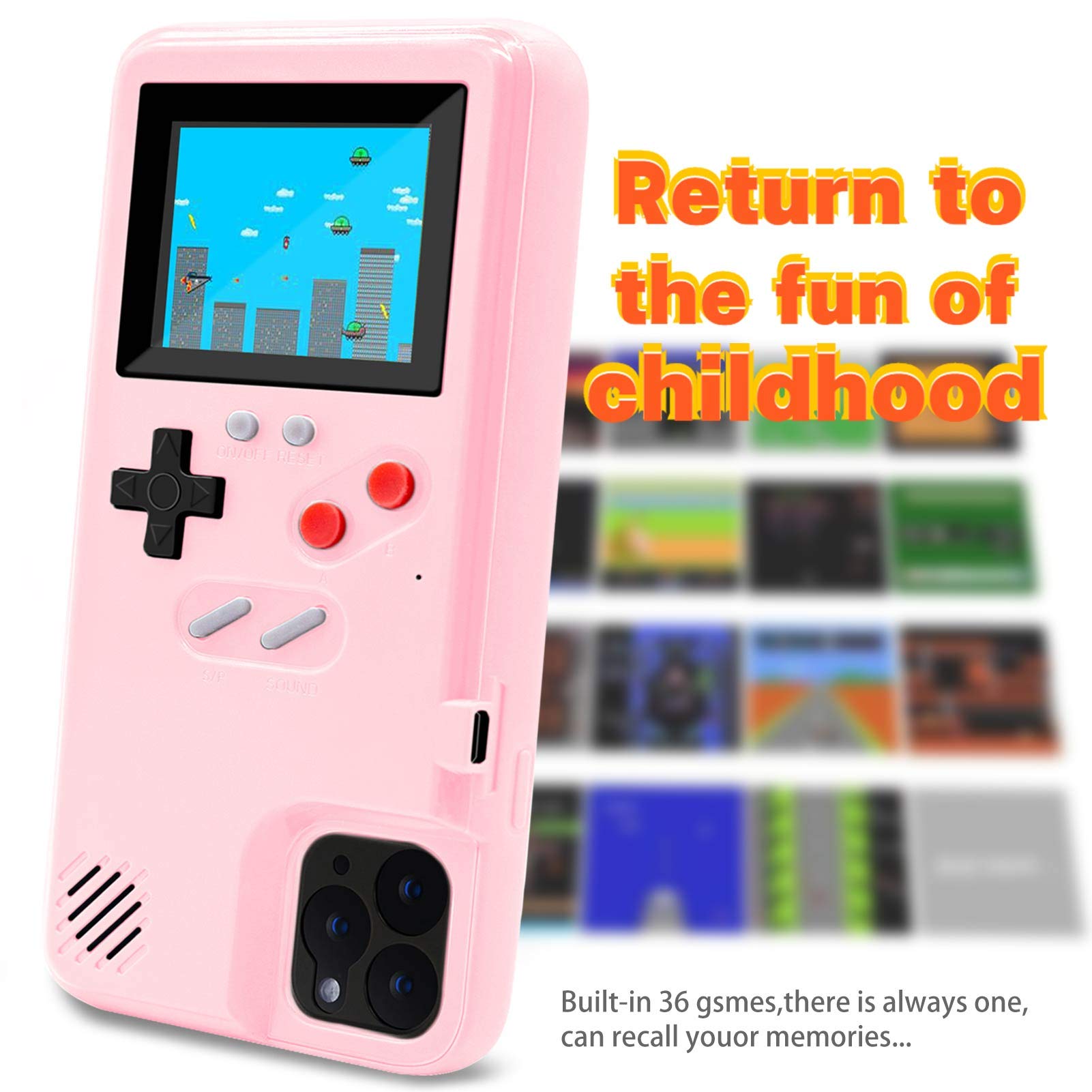 LucBuy Retro Game Console Case for iPhone 13 Pro Max - Self-Powered Protective Cover with 36 Classic Games, Full Color Display & Shockproof Bumper (Pink) | Perfect for Gaming Enthusiasts & Nostalgic Entertainment On-the-Go