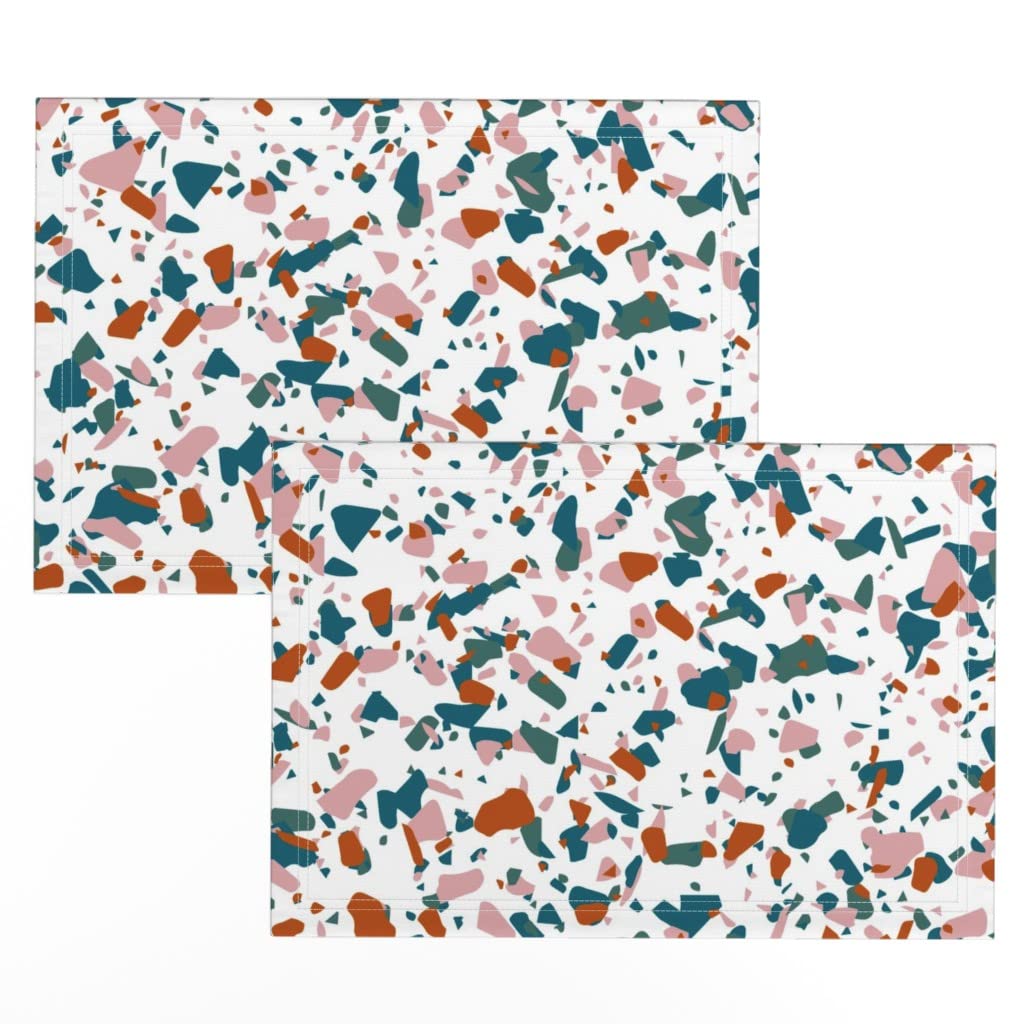 Premium Linen Cotton Canvas Placemats Set of 2 - Terrazzo Autumn Stone Pattern in Turquoise Aqua Orange Pink Green | Washable Table Mats for Dining, Kitchen Decor & Holiday Entertaining