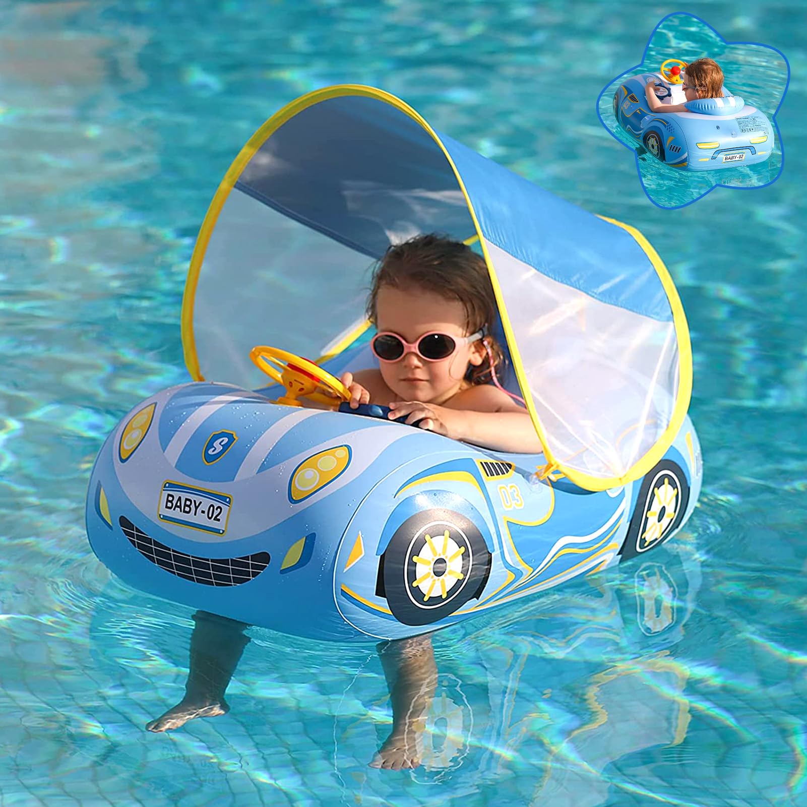 3D Car Design Baby Pool Float - Heavy Duty PVC Toddler Swim Float with Steering Wheel for Ages 1-4 Years | Safe Swimming Seat Boat for Kids 12-24 Months | Perfect for Backyard Pools, Beach Vacations & Summer Water Play (Girls & Boys)