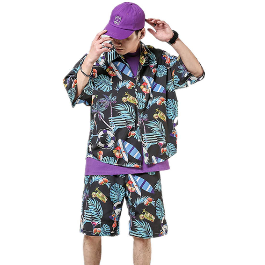 ONLYWOOD Men's Hawaiian Floral Print Short Sleeve Shirt & Shorts Set - Tropical Beachwear for Summer Vacation, Pool Party, and Casual Outings