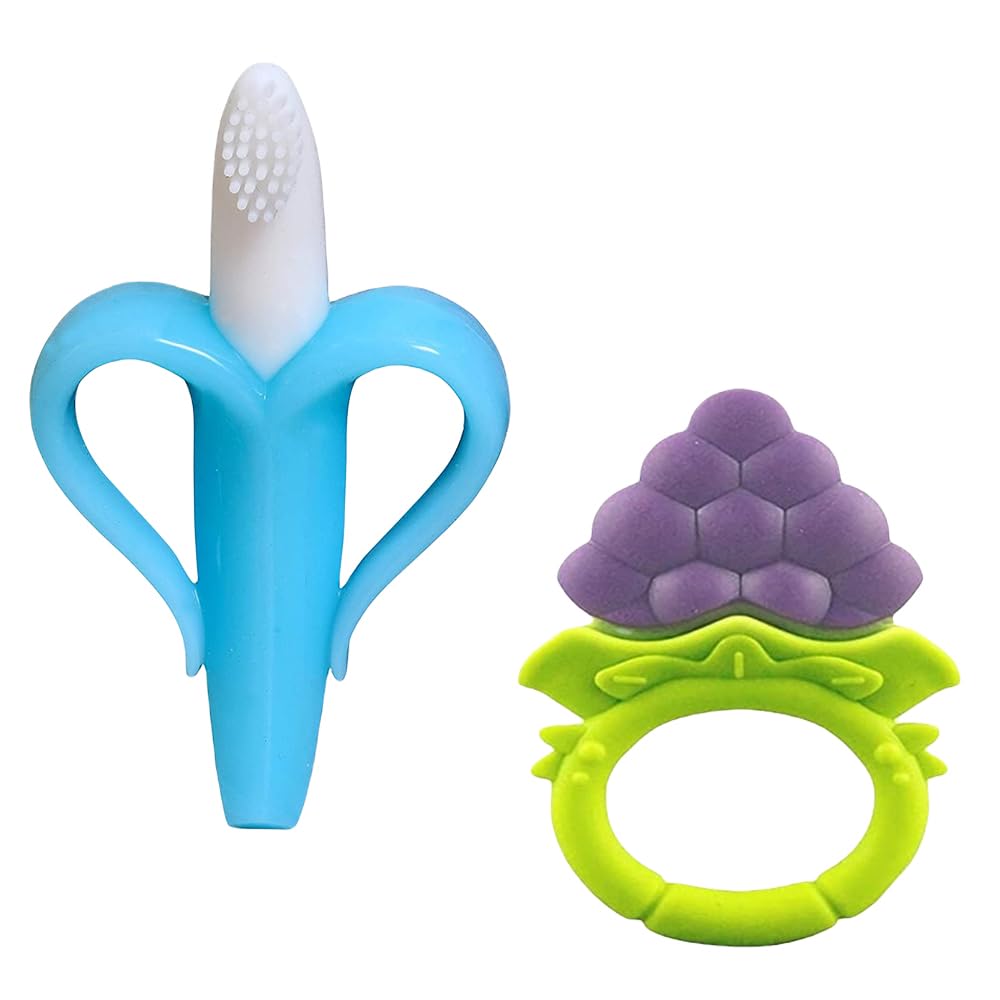 Joy Buzz Banana Shape Baby Brush & Fruit Teether Set - Soft Silicone Teething Toy for Infants | BPA-Free, Non-Toxic & Easy to Clean | Perfect for Soothing Sore Gums & Oral Development (Blue & Blue) | Ideal for Home, Travel & Daycare Use