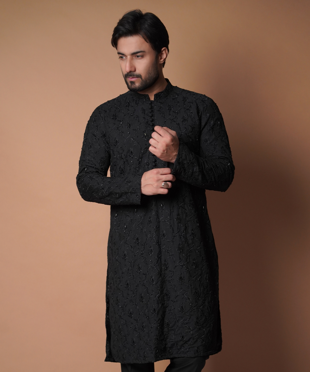 Hand Embroidered Black Paradise Kurta & Pants Set for Women - Elegant Traditional Indian Outfit for Festivals, Weddings & Special Occasions