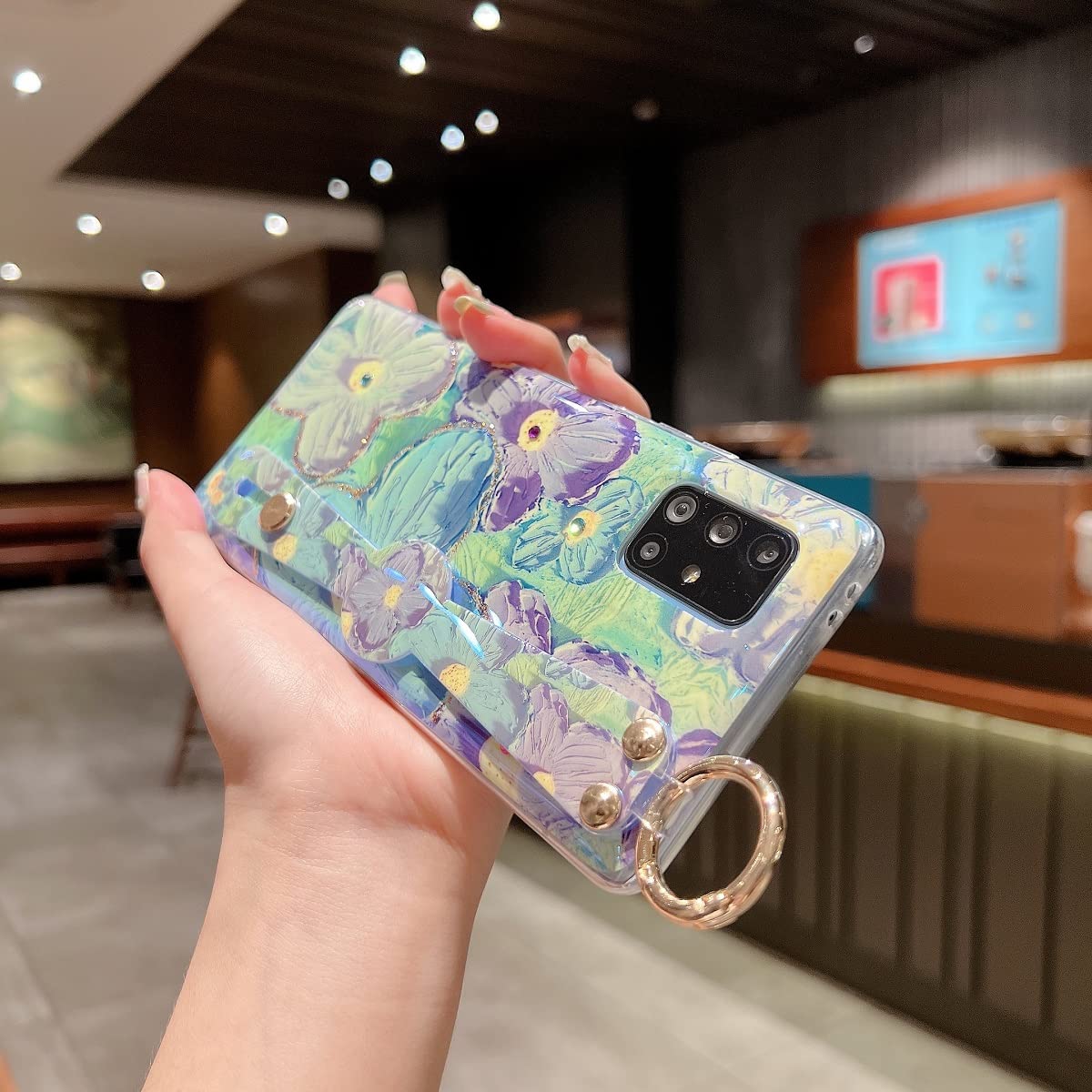 Samsung Galaxy A71 5G Case - Cute Glitter Bling Cartoon Taro Flower Design with Wrist Strap & Kickstand | Shockproof Soft TPU Protective Phone Cover for Women & Girls | Perfect for Daily Use, Work, and Travel