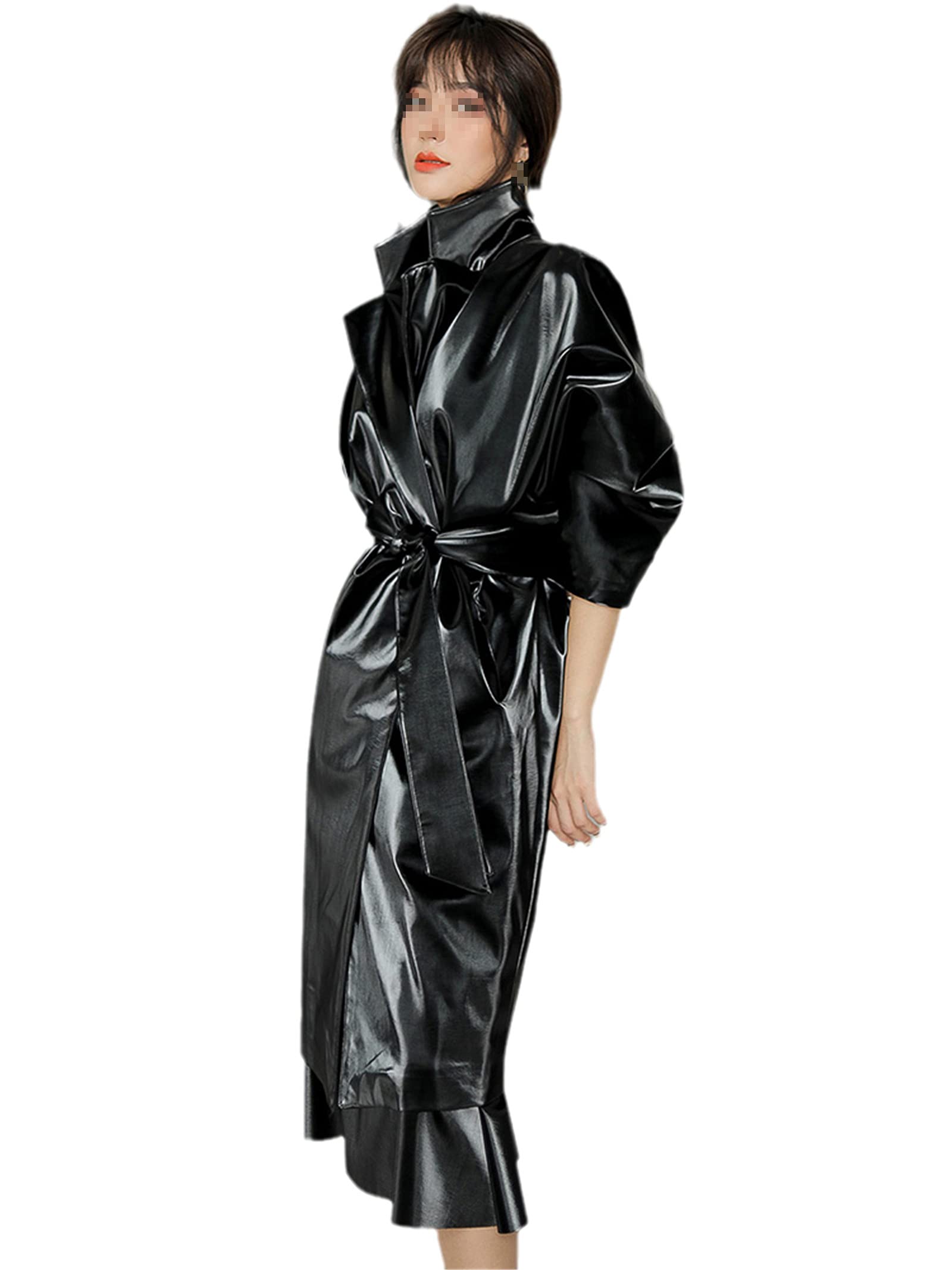 Stylish Women's Oversized Shiny Patent Leather Trench Coat - Waterproof Raincoat with Belt for Fall & Spring | Perfect for Office Wear, Date Nights & Rainy Day Outfits