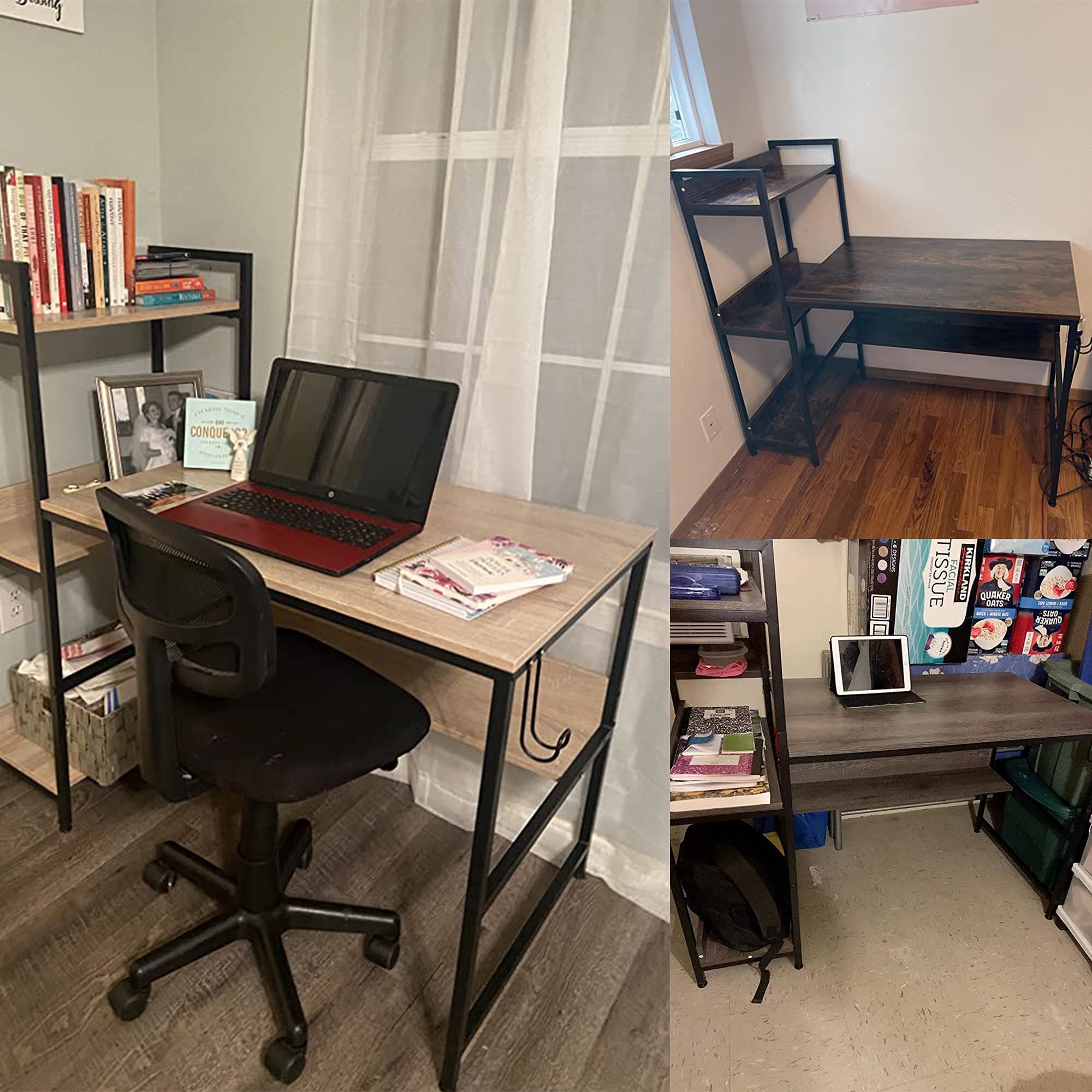 Bestier Computer Office Desk with Steel Frame - Reversible Bookshelves, Headphone Hook & Adjustable Feet - Spacious Under Desk Storage - Oak Wood Home Office Desk for Work, Study & Gaming