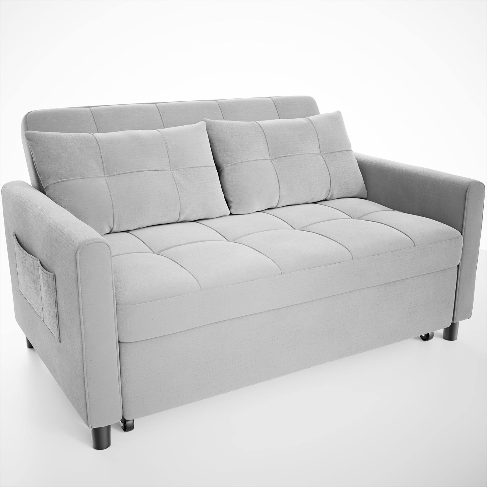 Gizoon 3-in-1 Convertible Sofa Bed - Full Size Pull Out Sleeper Sofa with Reclining Backrest & Side Pockets, Linen Fabric Futon Couch for Small Space Living Room, Apartment, Guest Room (Light Grey) | Modern Multi-Functional Furniture for Home & Office Use
