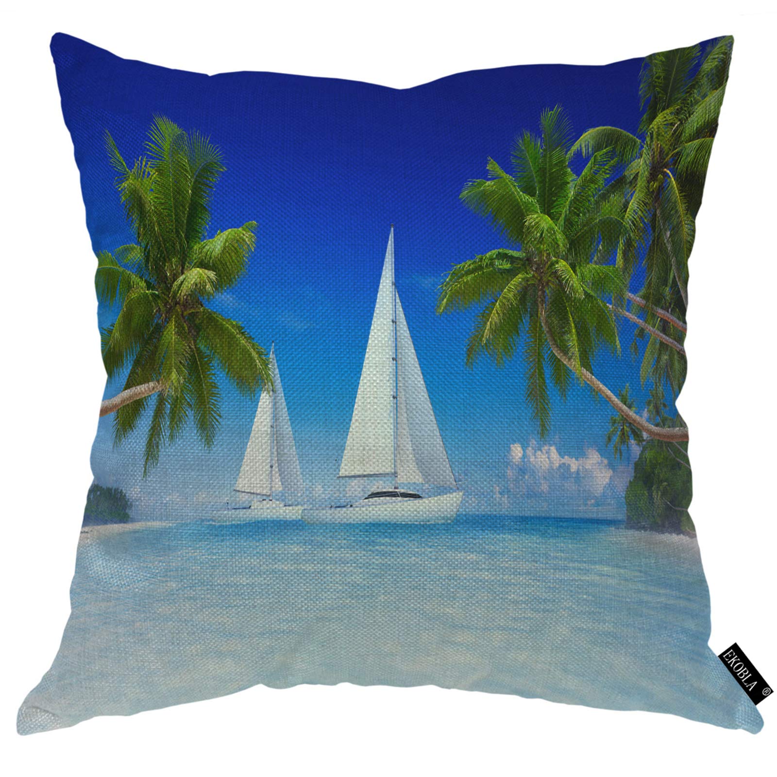 EKOBLA 3D Sailboats Throw Pillow Cover 18x18 Inch - Tropical White Ships Beach Palm Tree Design - Cotton Linen Square Cushion Case for Living Room, Bedroom, Nursery - Coastal Home Decor Gift for Men Women Boys Girls - Perfect for Beach House, Summer Decor & Nautical Theme