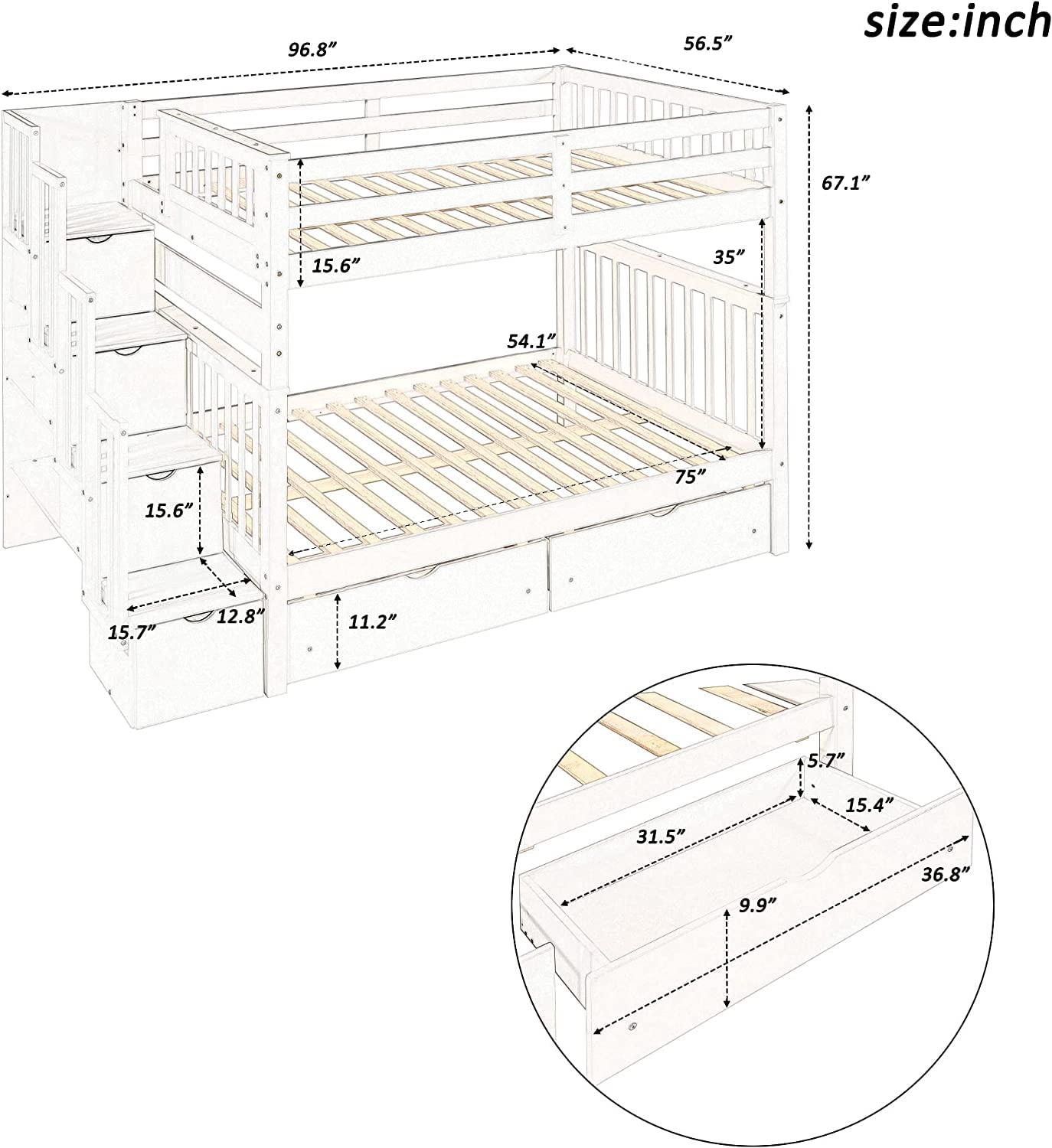 Harper & Bright Designs Full Over Full Bunk Bed with Stairs for Adults & Teens - Wooden Bunk Bed with 6 Storage Drawers & Shelves - Detachable Full Size Bunk Bed for Kids, Boys & Girls - White - Perfect for Small Bedrooms, Guest Rooms & Dormitories