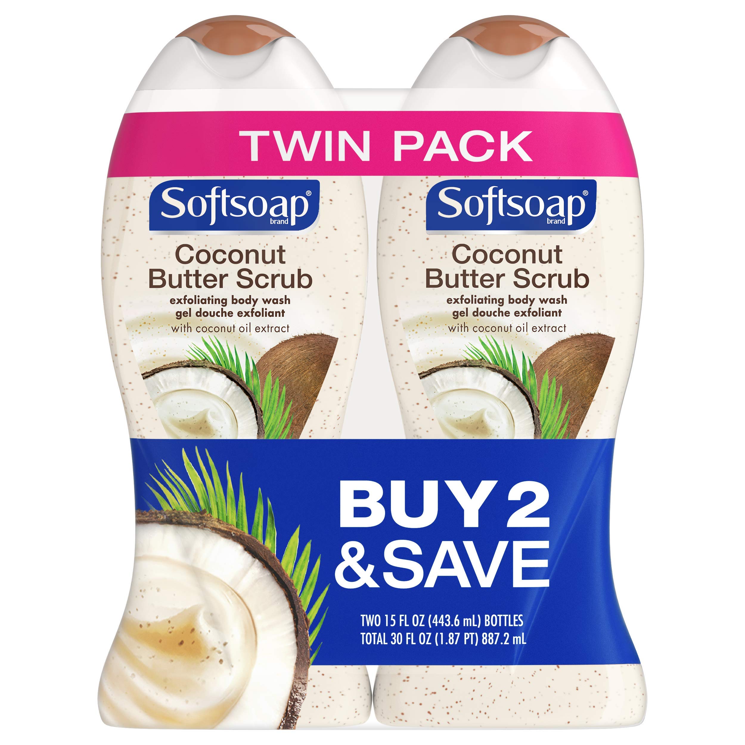 Softsoap Coconut Body Butter Scrub & Buff Wash - 15 oz (Pack of 2) | Exfoliating & Moisturizing Body Wash for Smooth Skin - Perfect for Shower & Spa Day Self-Care