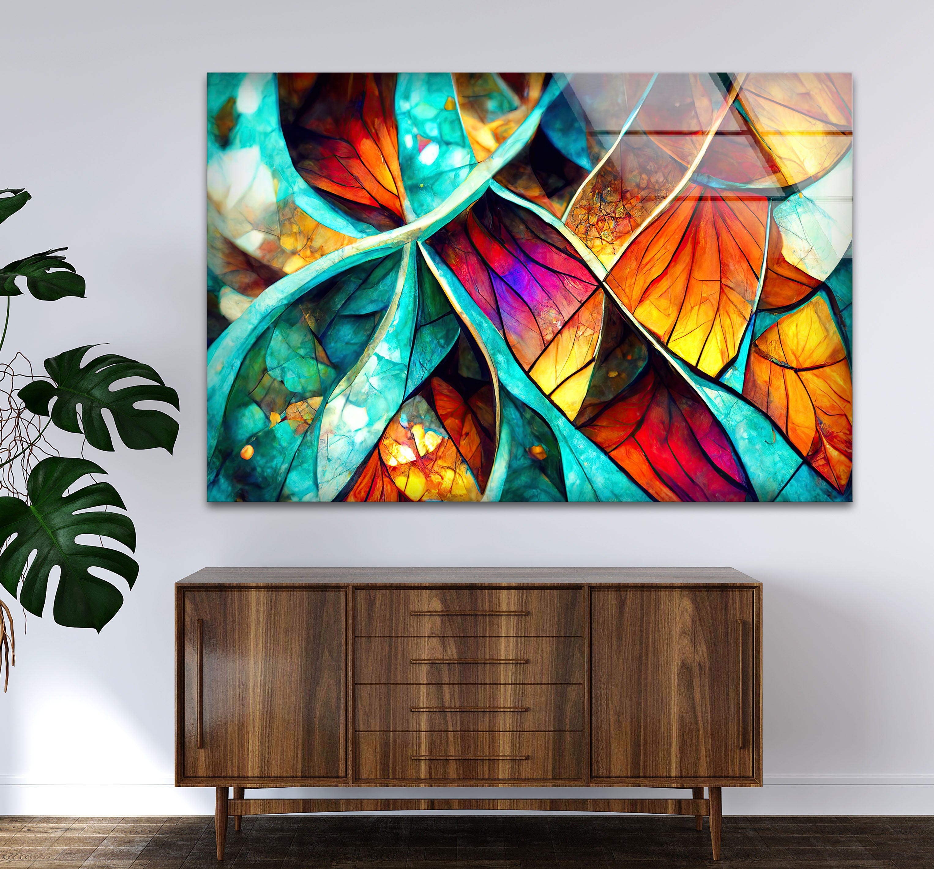 Abstract Stained Glass Leaf Wall Art - Vibrant Nature-Inspired Panel for Modern Home Decor | Perfect for Living Room, Bedroom & Office Decoration