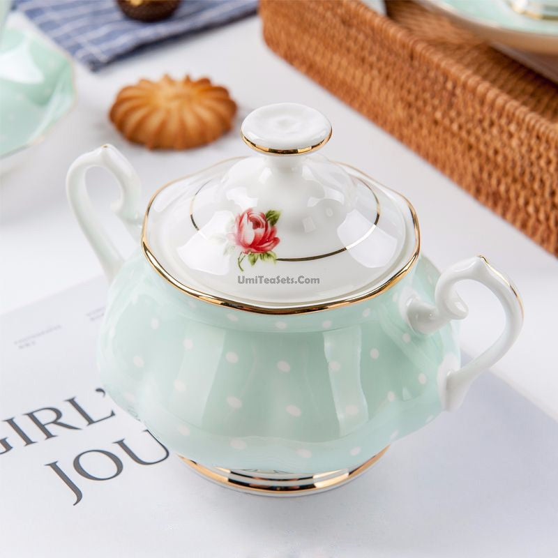 Elegant Light Green Dotted Bone China Tea Set - 16-Piece Porcelain Tea Service for Afternoon Tea, Bridal Shower & Home Decor