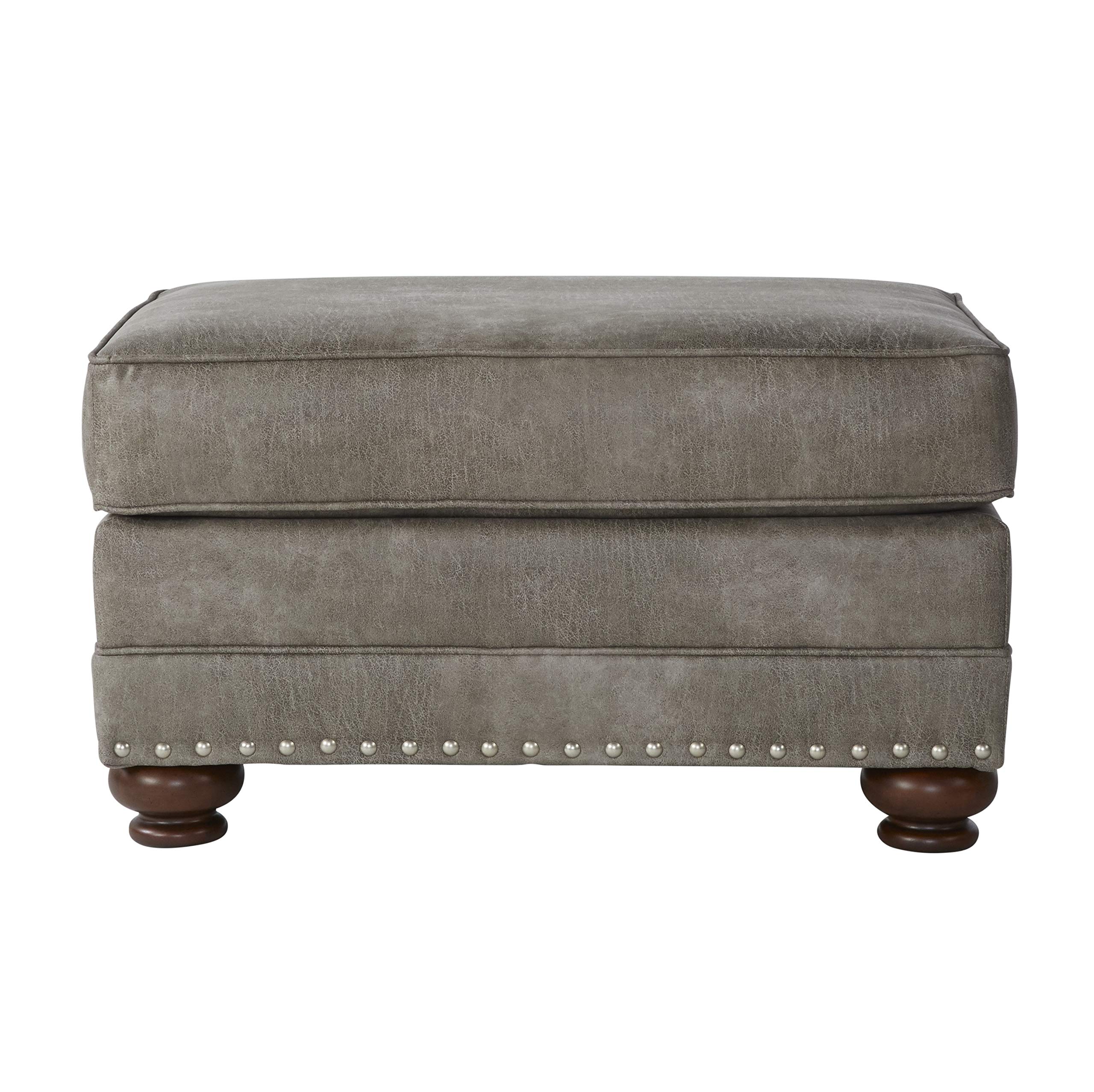 Roundhill Furniture Leinster Faux Leather Upholstered Nailhead Ottoman Footrest Stool - Stone Gray, Modern Living Room Decor, Bedroom Accent, Comfortable Seating for Home Office