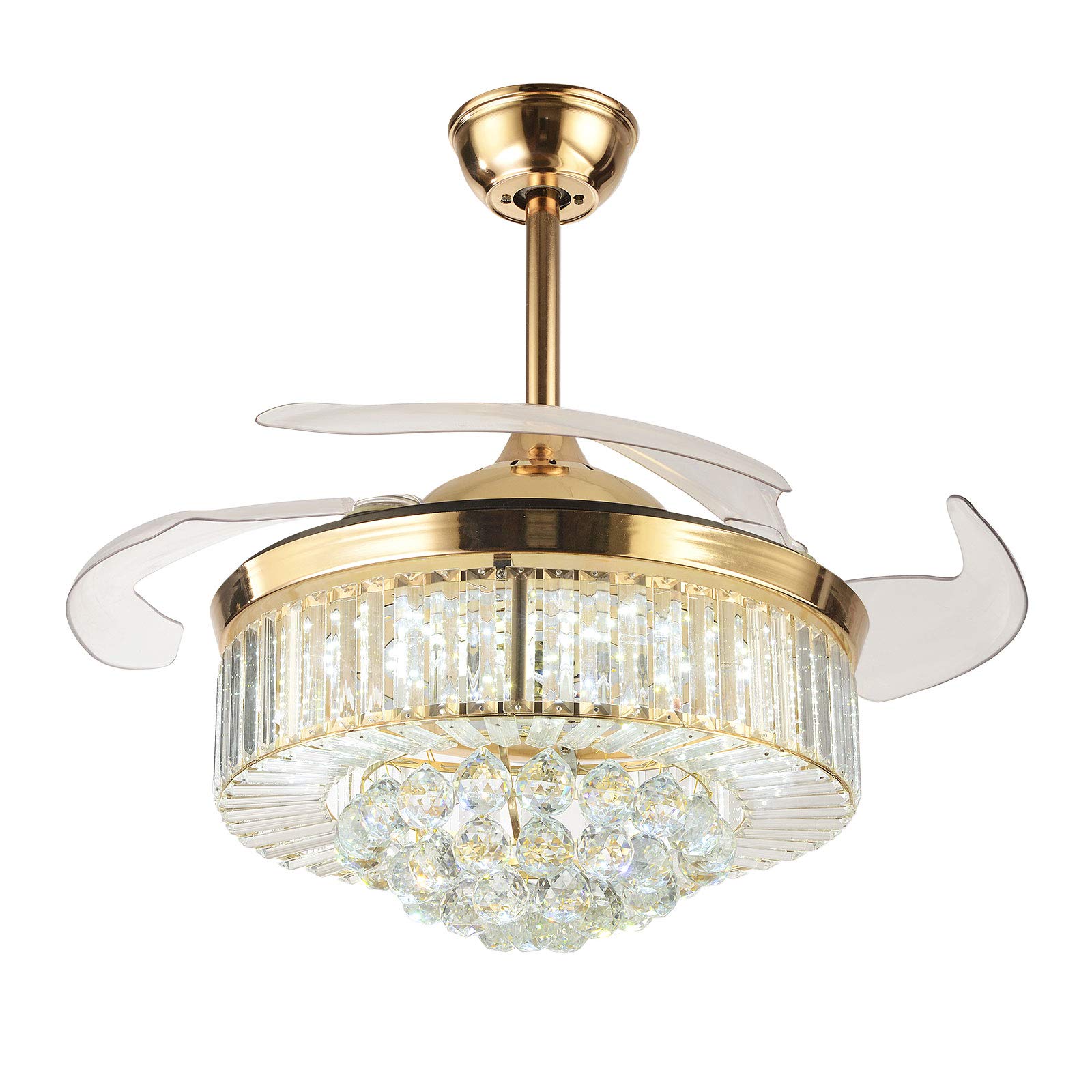 42 Inch Retractable Crystal Ceiling Fan with LED Light - Dimmable Rose Gold Chandelier Fan with Acrylic Blades for Living Room, Dining Room, Bedroom & Hallway | Modern Cooling & Elegant Lighting Solution