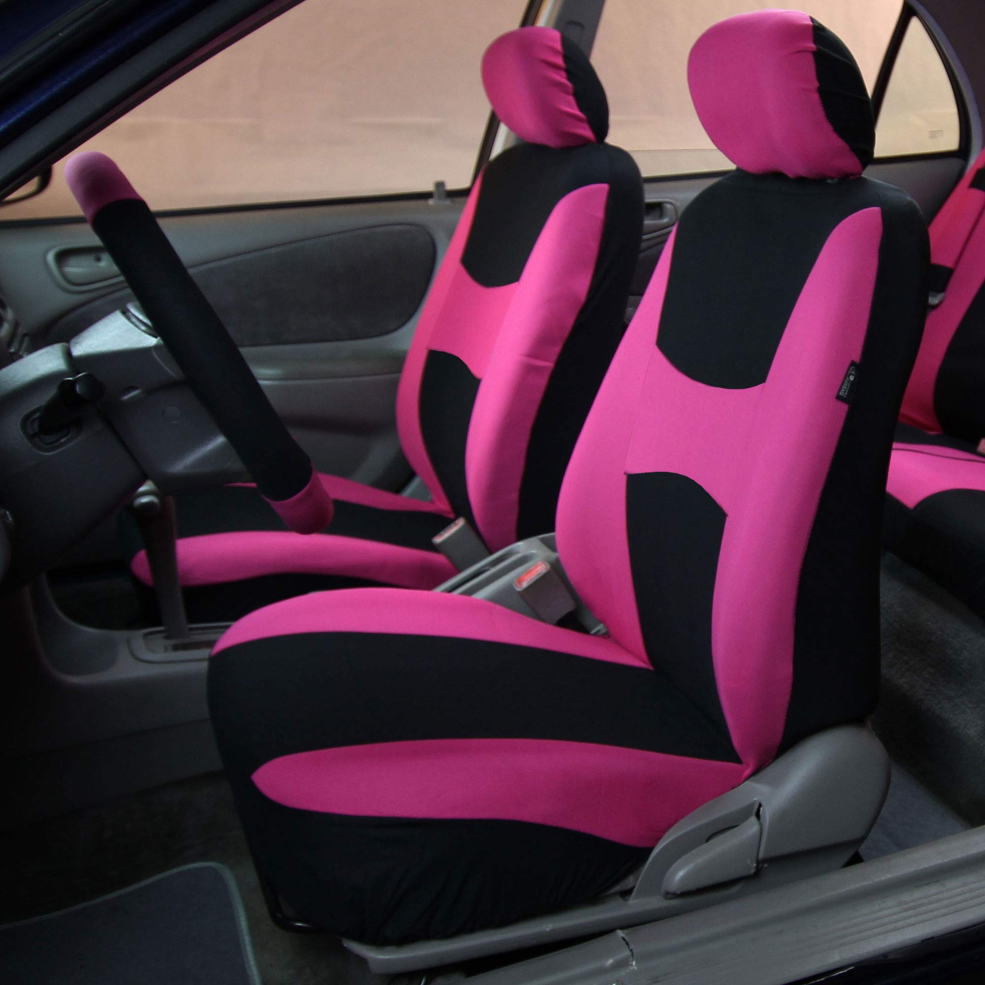 FH Group Universal Car Seat Covers with Airbag Compatibility - Full Set Includes Seat Protectors & Carpet Floor Mats | Split Rear Design, Breathable Flat Cloth (Pink) | Perfect for SUVs, Sedans & Trucks | Interior Protection & Comfort Upgrade