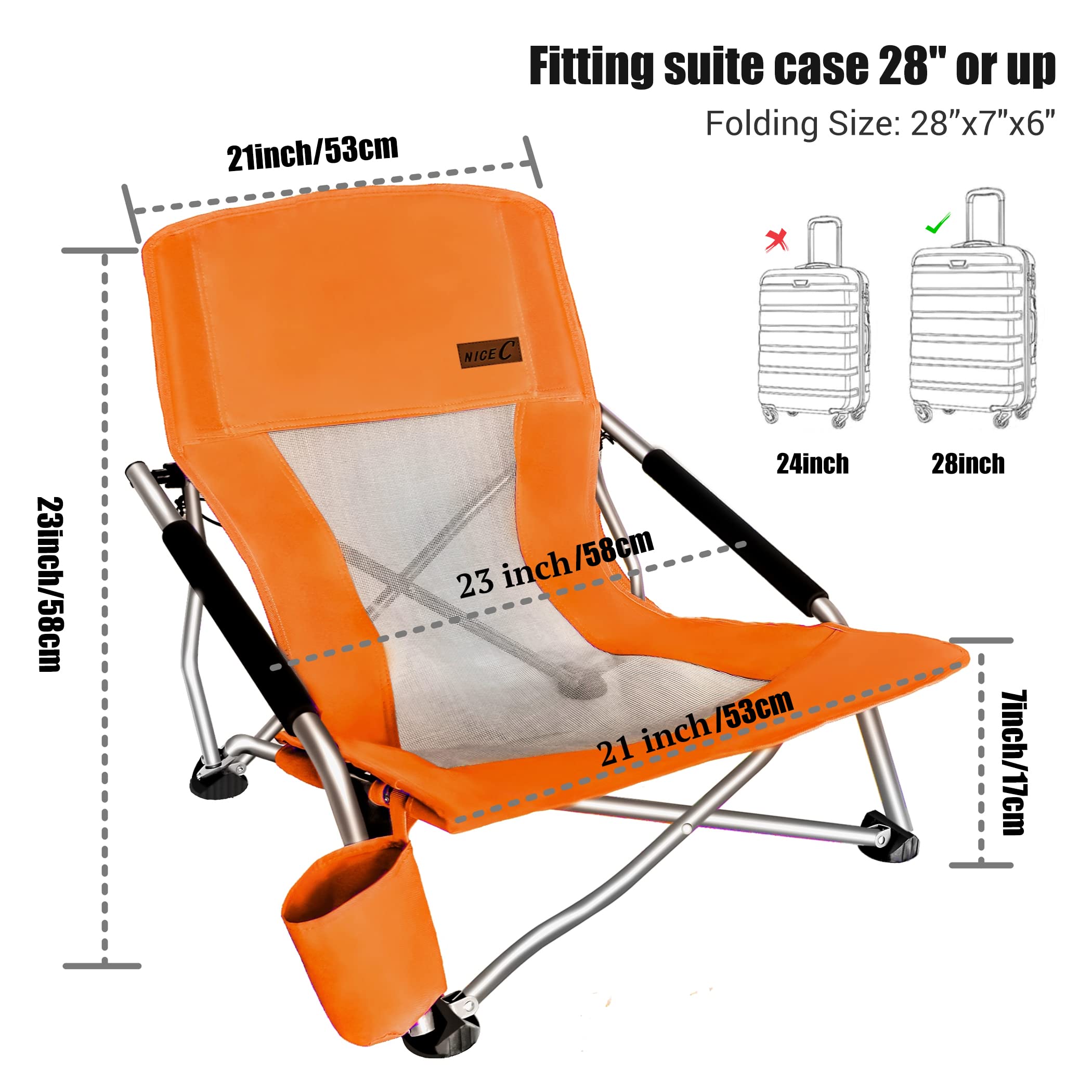 2 Pack Low Beach Chairs for Adults - Portable Folding Sling Sand Chairs with Cup Holder & Carry Bag - Perfect for Beach, Boat, Concert, Camping & Outdoor Activities (Orange)