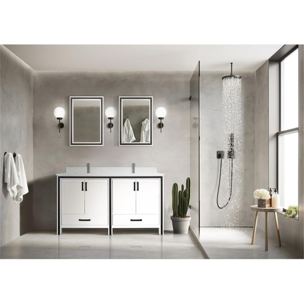 Ziva 60 Inch White Double Bathroom Vanity with Cultured Marble Top & 22 Inch Mirrors - Modern Bathroom Storage Solution for Master Bath or Guest Bath Remodel