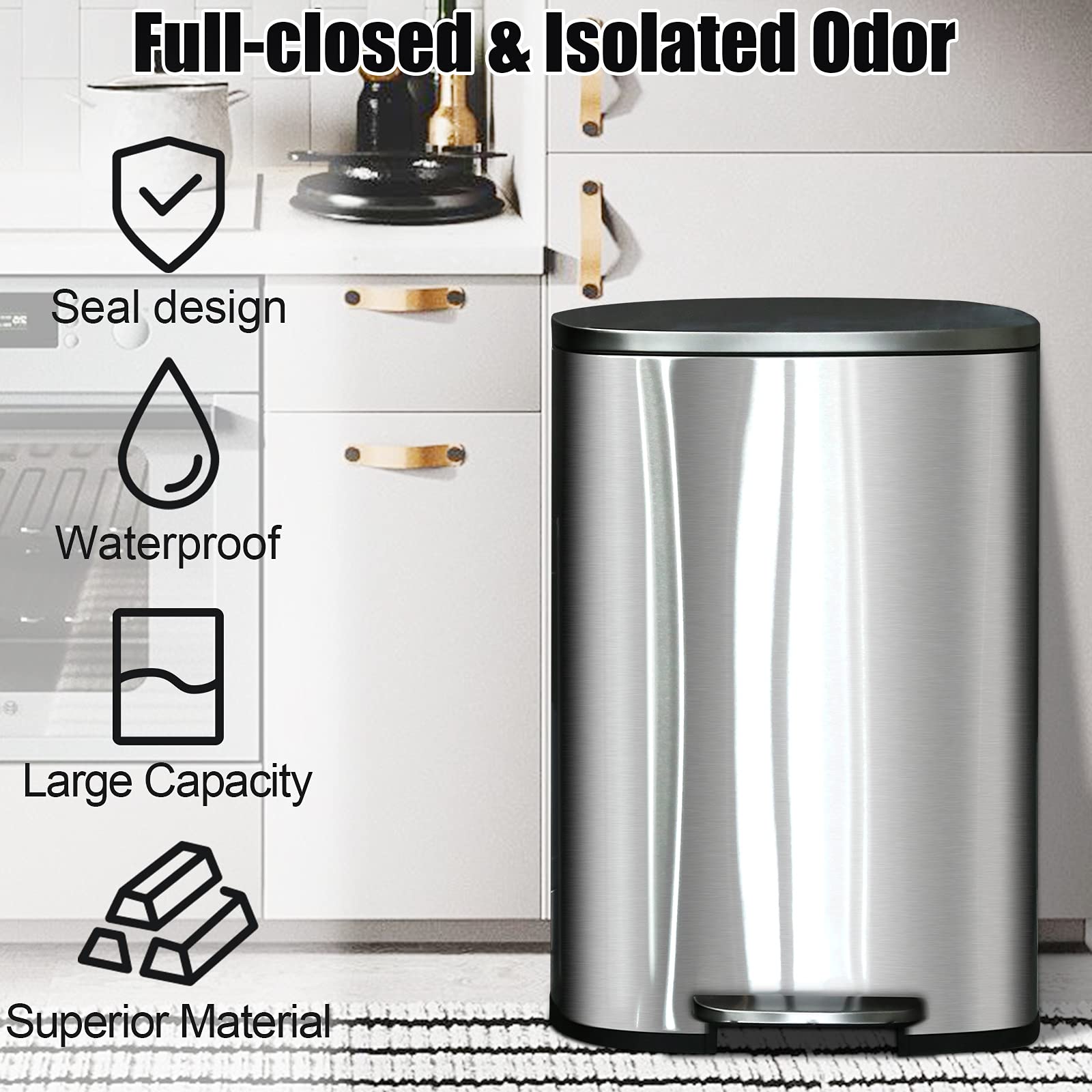DKeli 13 Gallon Stainless Steel Step Trash Can with Soft Close Lid & Removable Inner Bucket - 50L Kitchen, Bathroom, Bedroom, Office Garbage Bin for Odor Control & Hands-Free Disposal