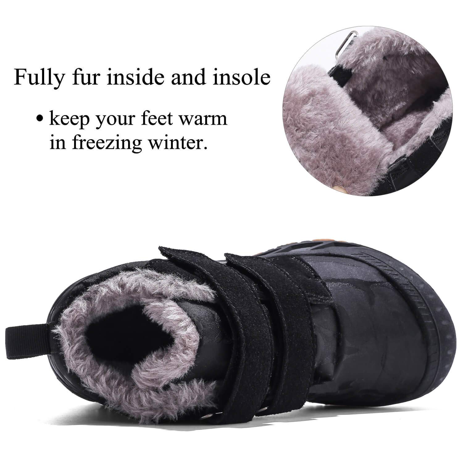 Kids' Winter Snow Boots - Anti-Slip Ankle Boots with Hook & Loop Fastener & Fur Lining - Black Size 11.5 - Warm Waterproof Shoes for Boys & Girls - Perfect for Snow Play, Sledding & Cold Weather Activities