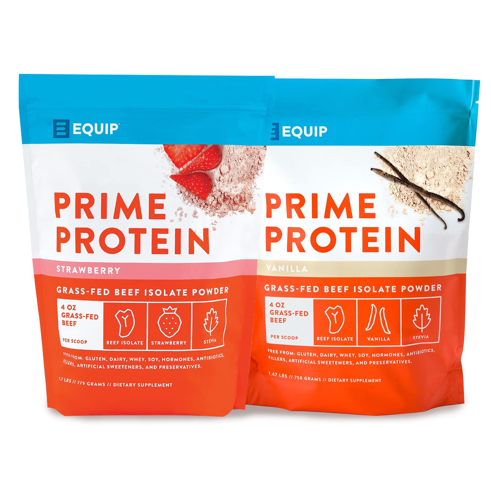 Equip Foods Grass-Fed Beef Protein Powder Bundle - Vanilla & Strawberry Flavors - Paleo, Gluten Free, Keto Friendly Protein Supplement for Muscle Recovery & Workout - Perfect for Post-Workout Shakes, Smoothies and Healthy Baking