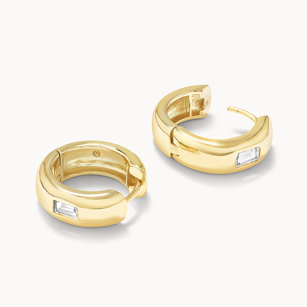 White Topaz Baguette Curve Huggie Earrings in 14K Gold - Elegant Everyday Jewelry for Women