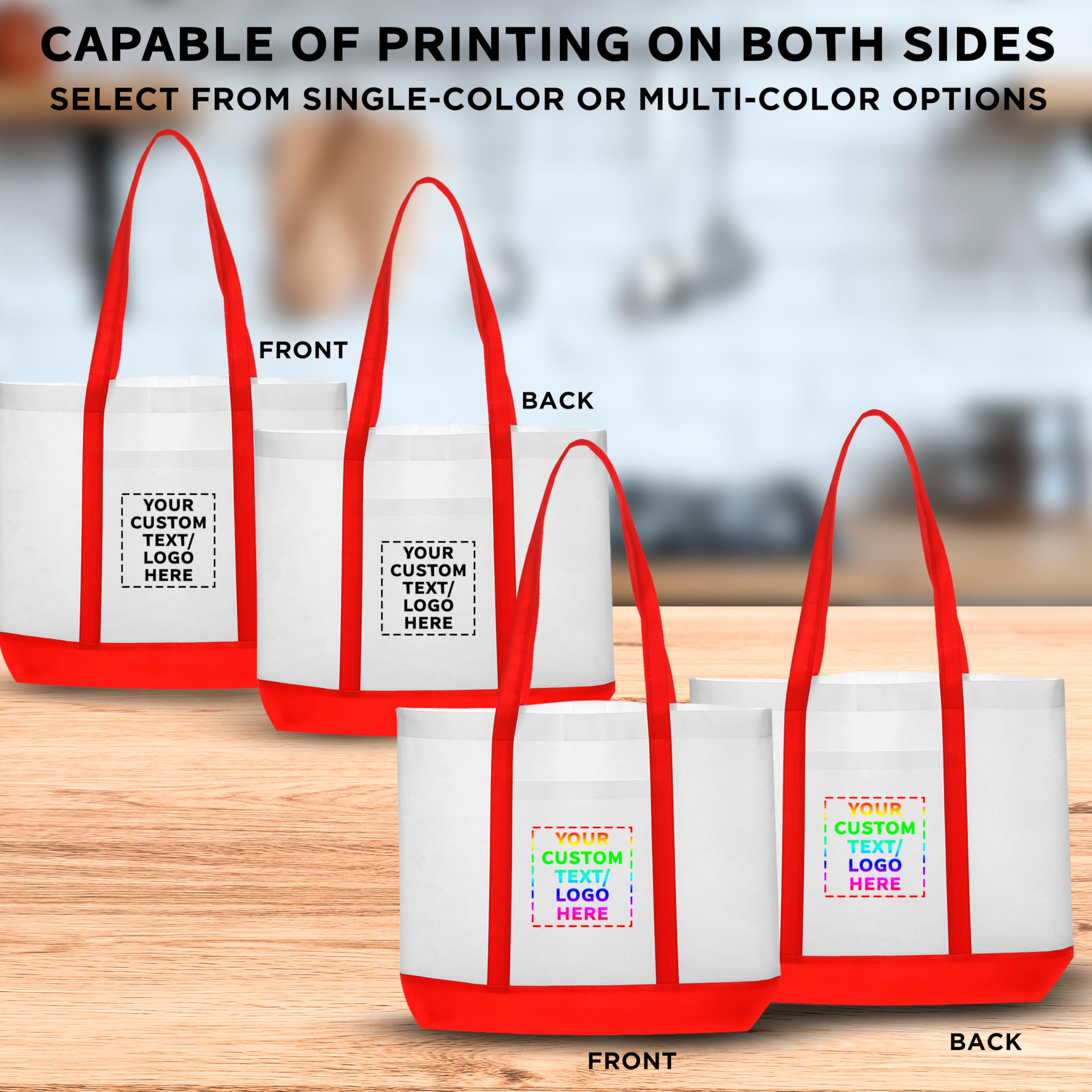 Customizable Non-Woven Tote Bags Set of 100 - Durable, Water Resistant, Two-Tone Design with Front Pocket - 18