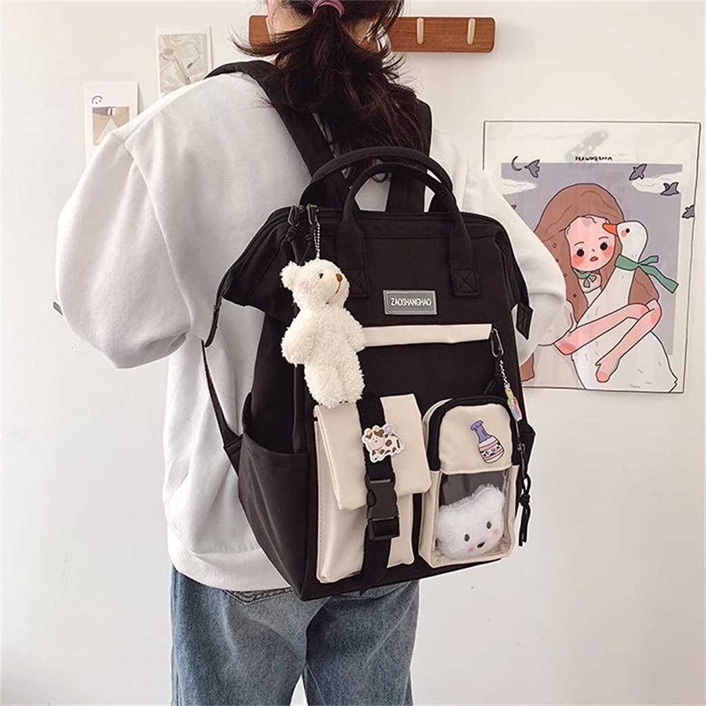 Cute Kawaii Backpack for Girls & Women - Bear Pin Accessories, Lightweight Laptop Bookbag for College & High School, Durable Black Backpack - Perfect for School, Travel & Everyday Use