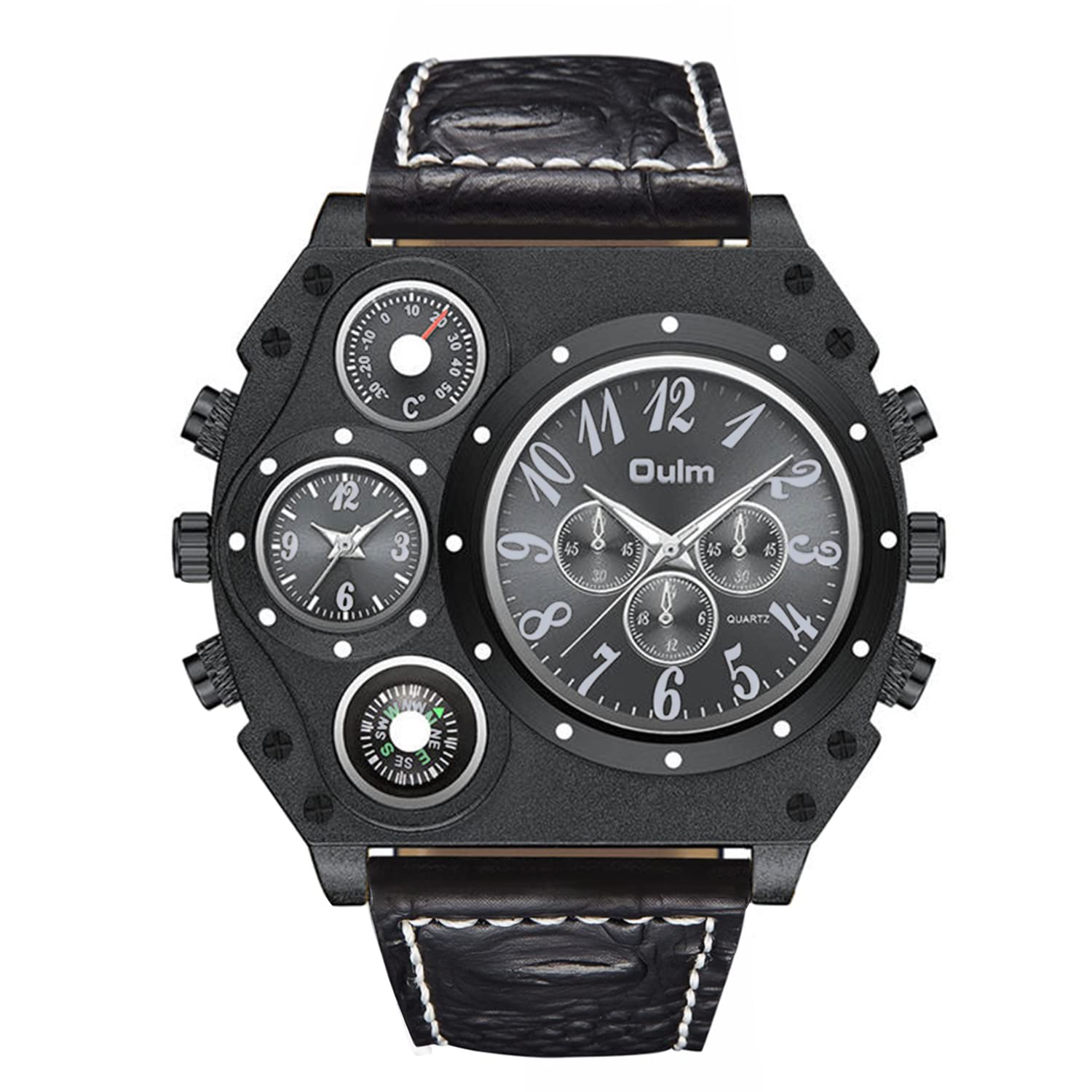 Avaner Men's Big Face Watch - Dual Time Zone Analog Quartz Sport Watch with Leather Strap, Compass & Thermometer Dial | Perfect for Outdoor Activities, Travel & Business Professionals