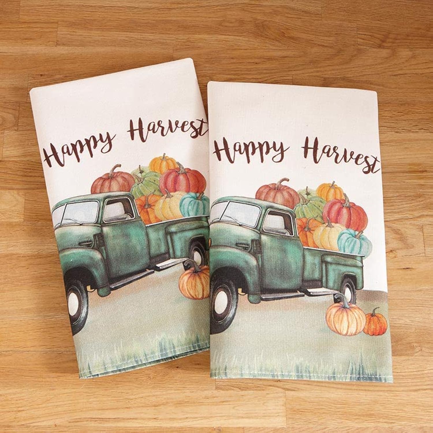 Premium Harvest Kitchen Towels Set of 2 - Thanksgiving Farmhouse Decor with Rustic Truck Design - Absorbent Cotton Dish Towels for Holiday Cooking & Fall Home Decor