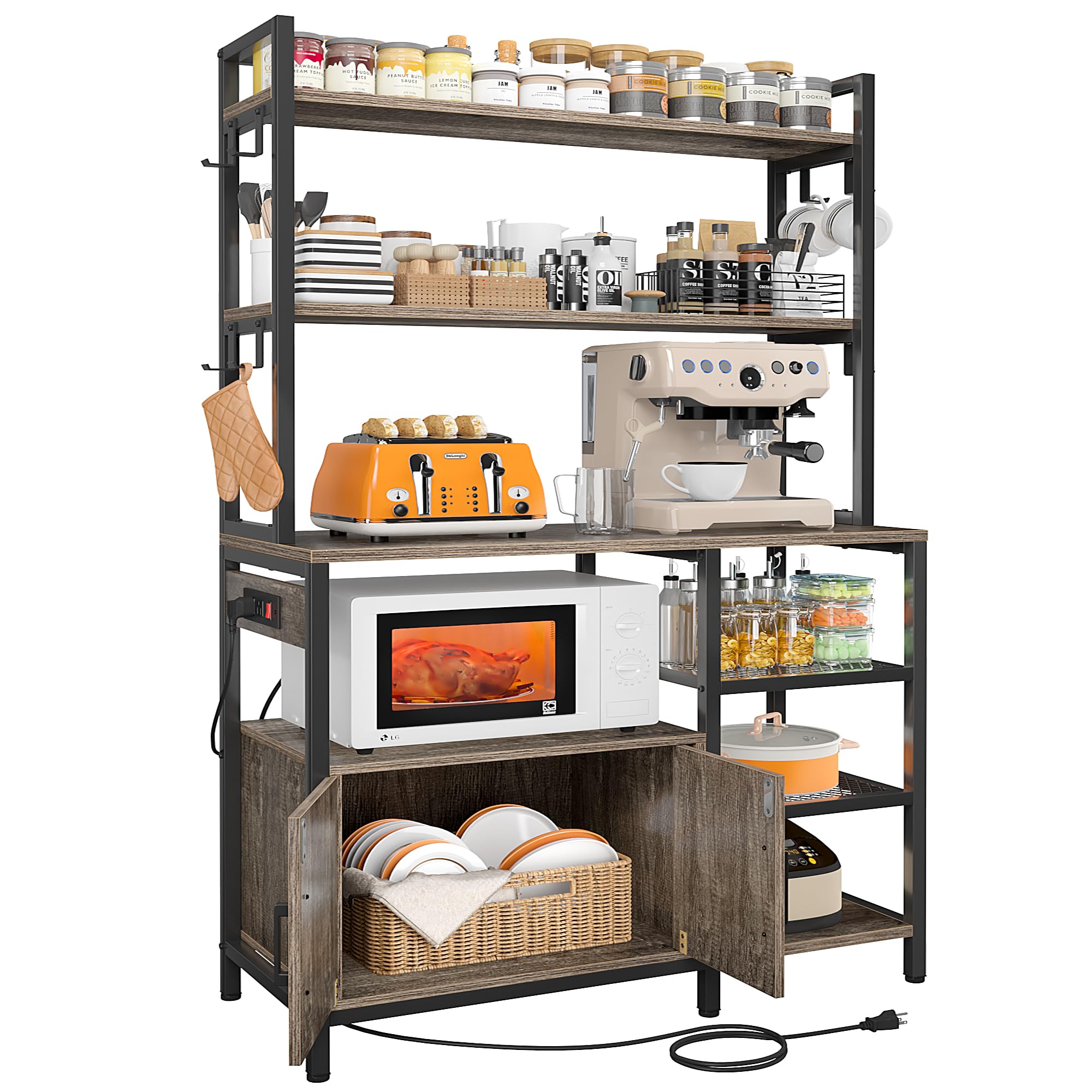 EnHomee Bakers Rack with Storage Cabinet - Coffee Bar Cabinet with Power Outlet, Microwave Stand & Kitchen Storage - Space Saving, Easy Assembly for Small Kitchens, Dining Rooms & Home Cafes