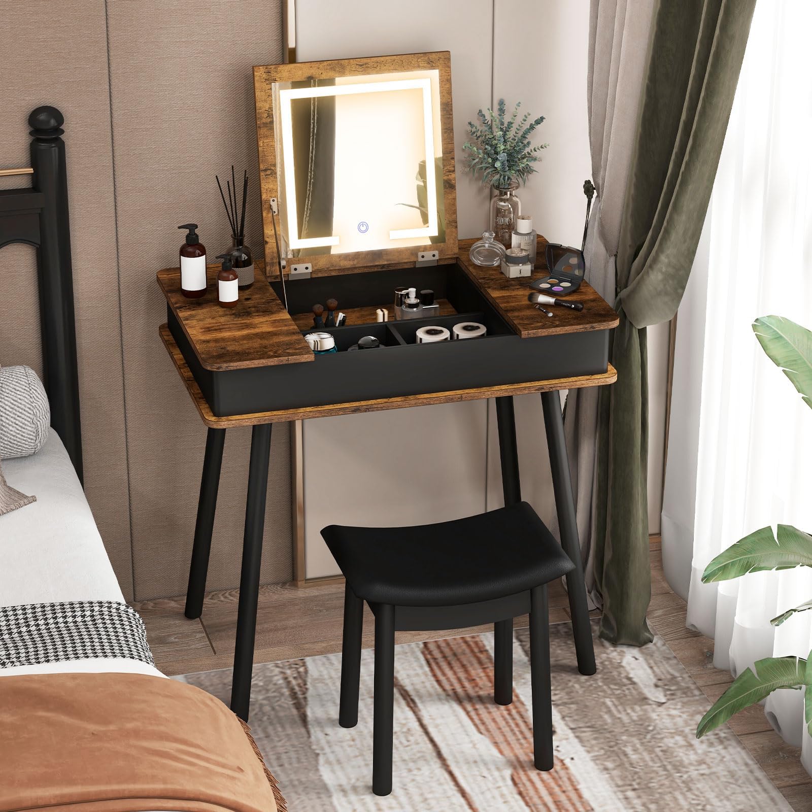Charmaid Vanity Desk with 3-Color LED Mirror, 7 Storage Drawers & Side Organizers - Makeup Dressing Table with USB Port & Cushioned Stool - Rustic Brown Writing Desk for Bedroom, Easy Assembly | Perfect for Makeup Application, Skincare Routine & Home Office Workspace