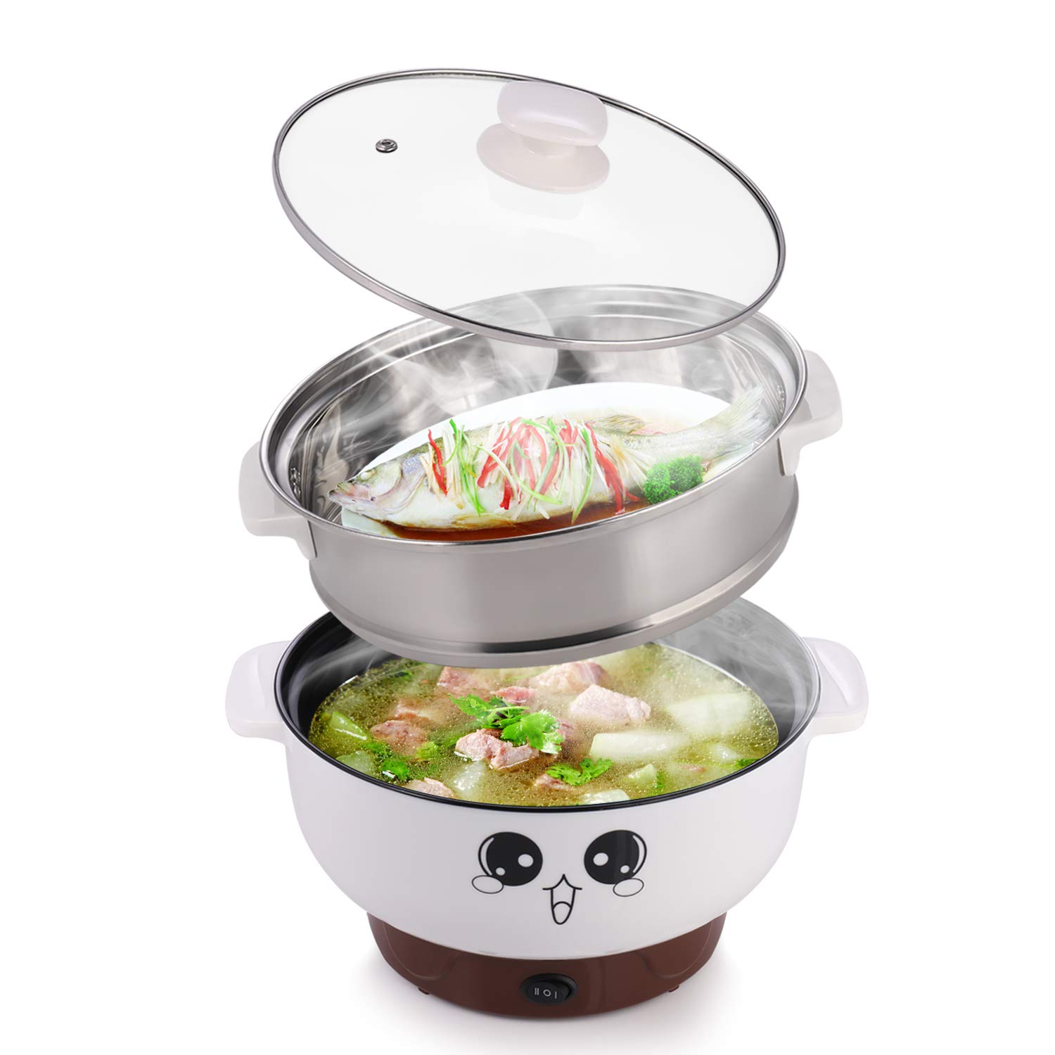 **MINGPINHUIUS 4-in-1 Electric Cooker Skillet - 2.3L Non-Stick Hot Pot for Rice, Noodles, Soup, Steamed Fish & Eggs - Includes Lid & Steamer - Perfect for Dorms, Apartments & Small Kitchens**