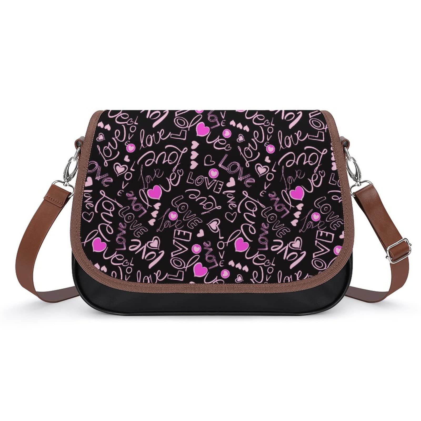 Women's Leather Crossbody Bag - Printed Casual Shoulder Messenger Satchel in Love Black | Perfect for Work, Travel & Everyday Use