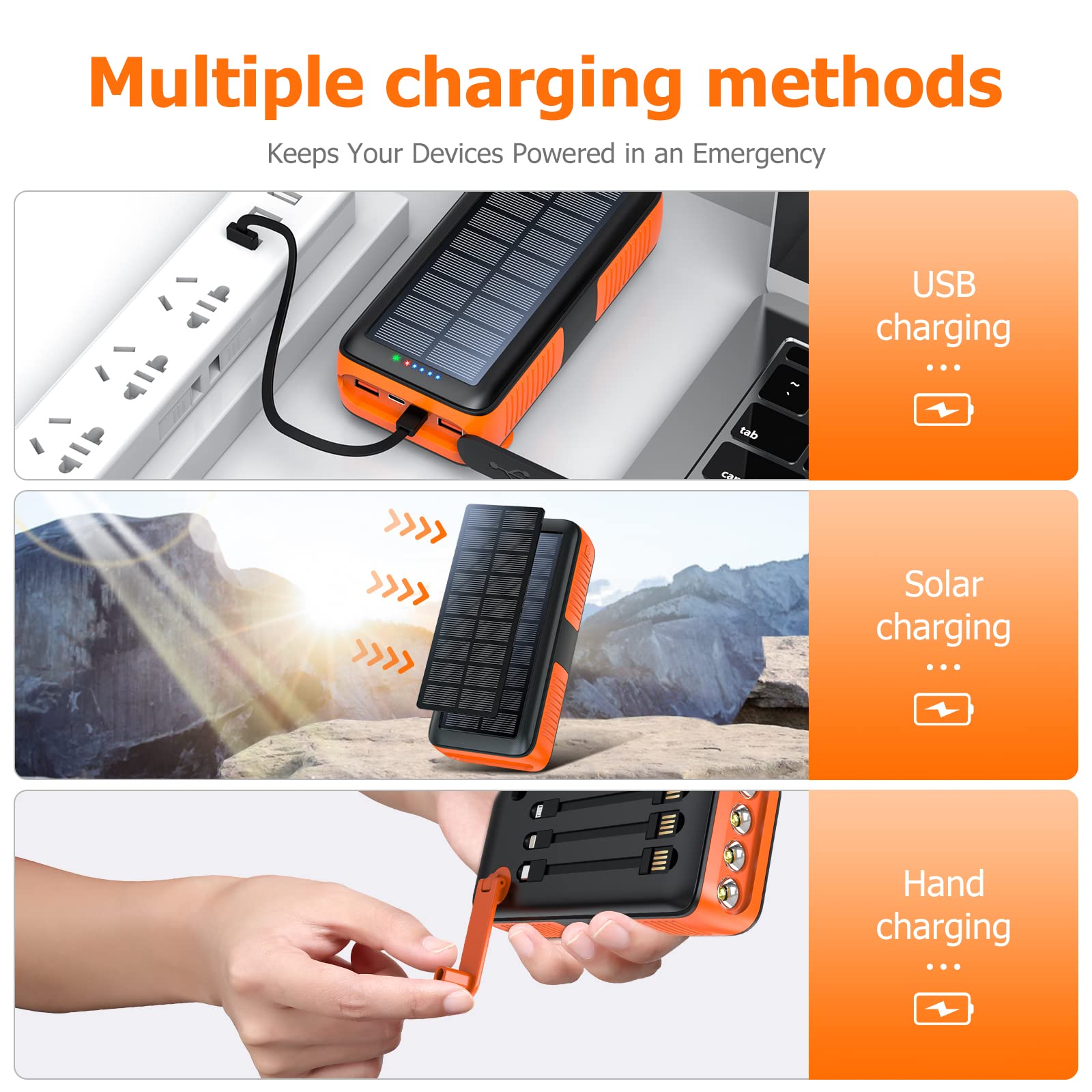 High Capacity 63200mAh Solar Power Bank with Dual USB Outputs & Inputs | Portable Solar Charger with 4 LED Flashlight & Hand Crank | Fast Charging Battery Pack for Outdoor Camping, Hiking, Emergency Survival Gear & Travel Accessories
